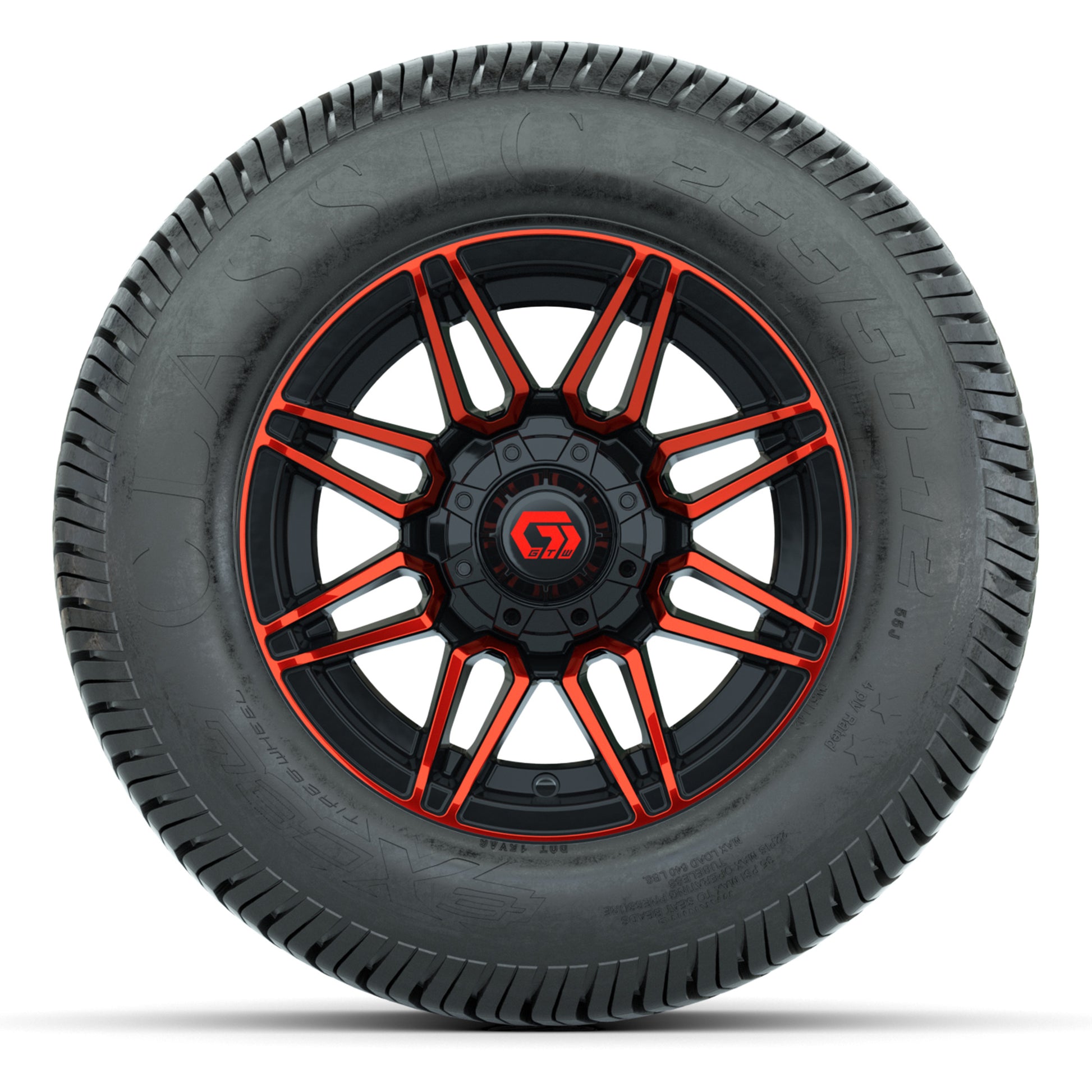 GTW® Stealth Red/Machined 12 in Wheels with 255/50-12 Excel Classic Street Tires – Full Set