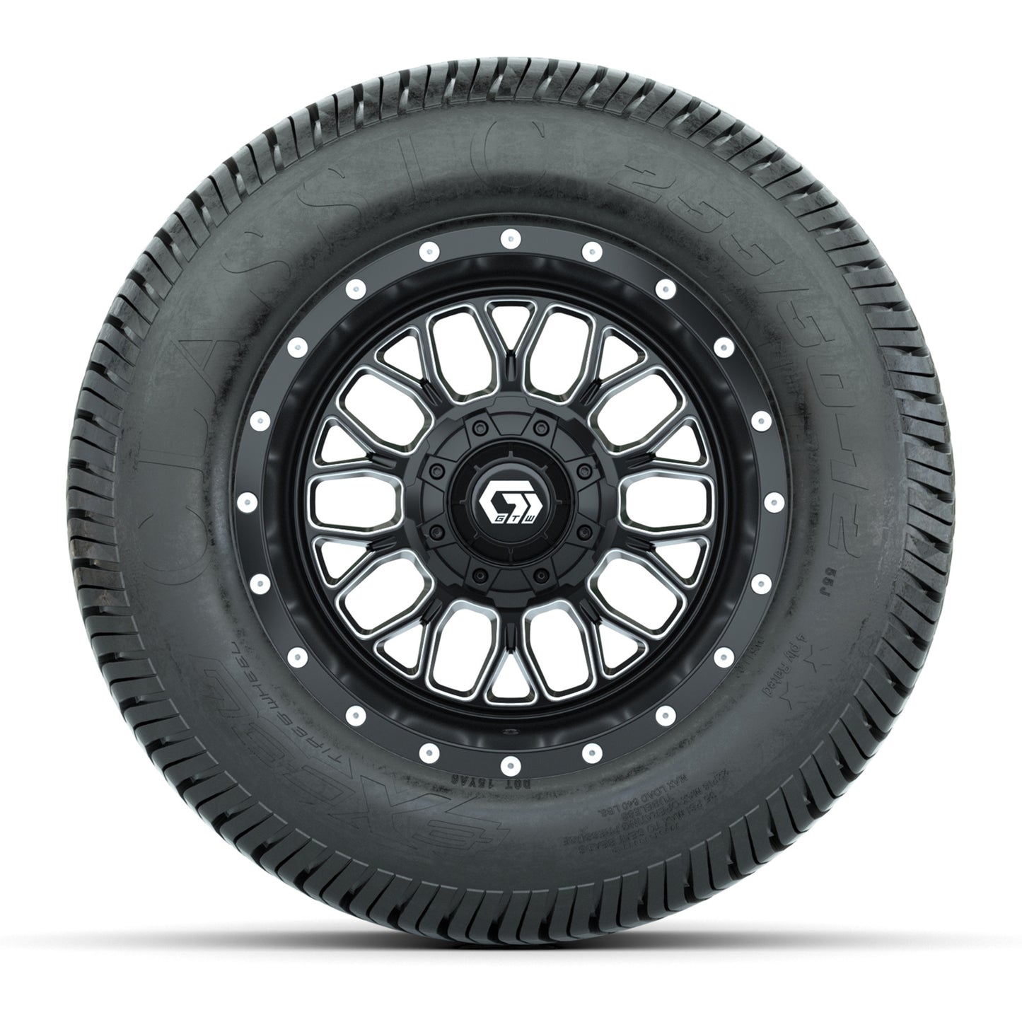 GTW® Helix Black/Machined 12 in Wheels with 255/50-12 Excel Classic Street Tires – Full Set