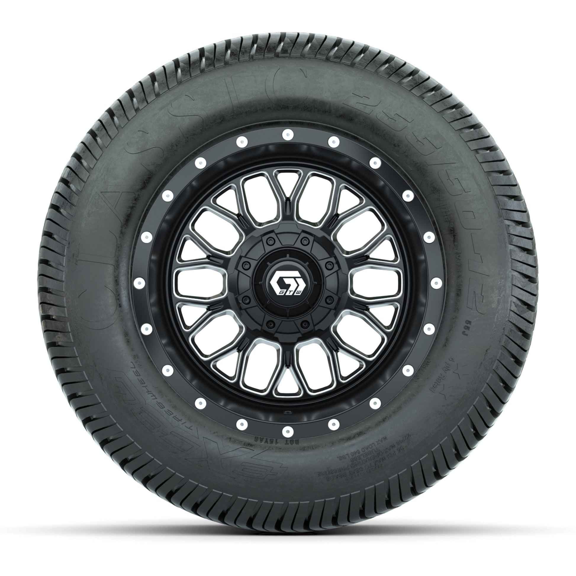 GTW® Helix Black/Machined 12 in Wheels with 255/50-12 Excel Classic Street Tires – Full Set