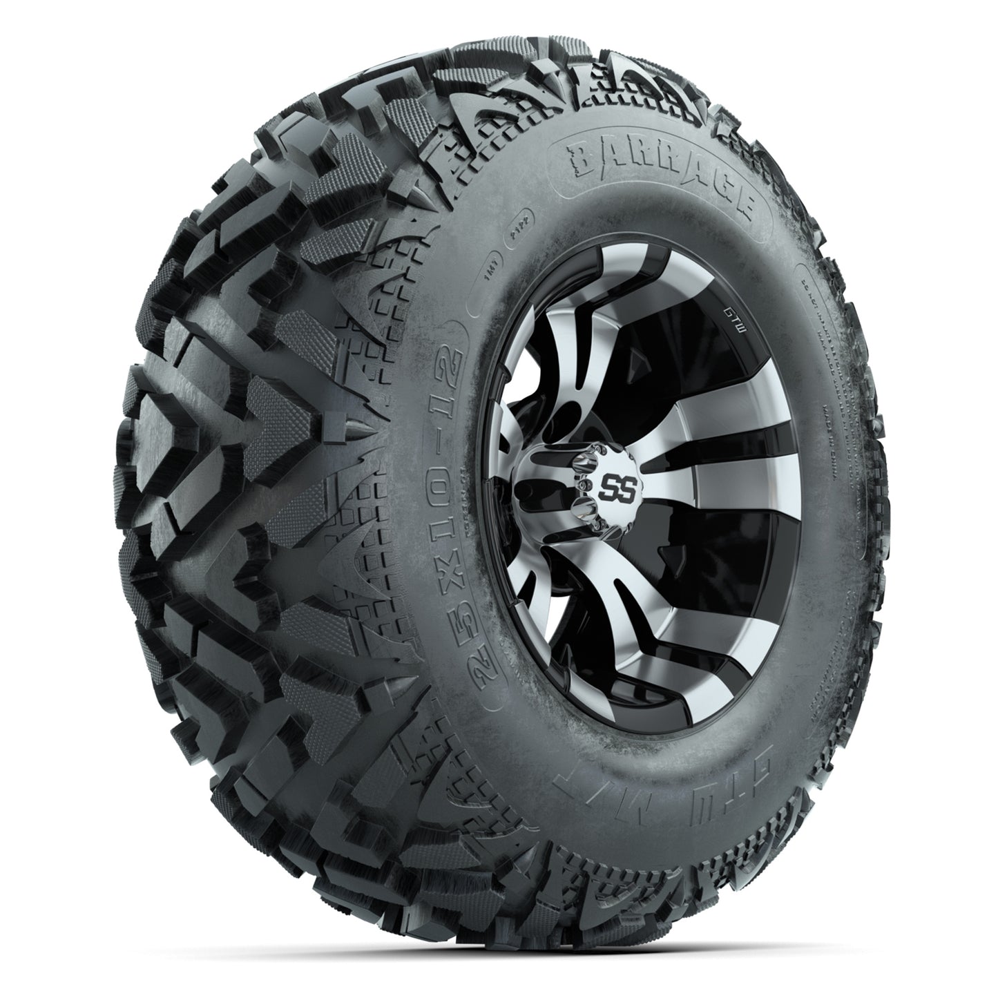GTW® Vampire Black/Machined 12 in Wheels with 25X10-12 Barrage Mud Tires – Full Set