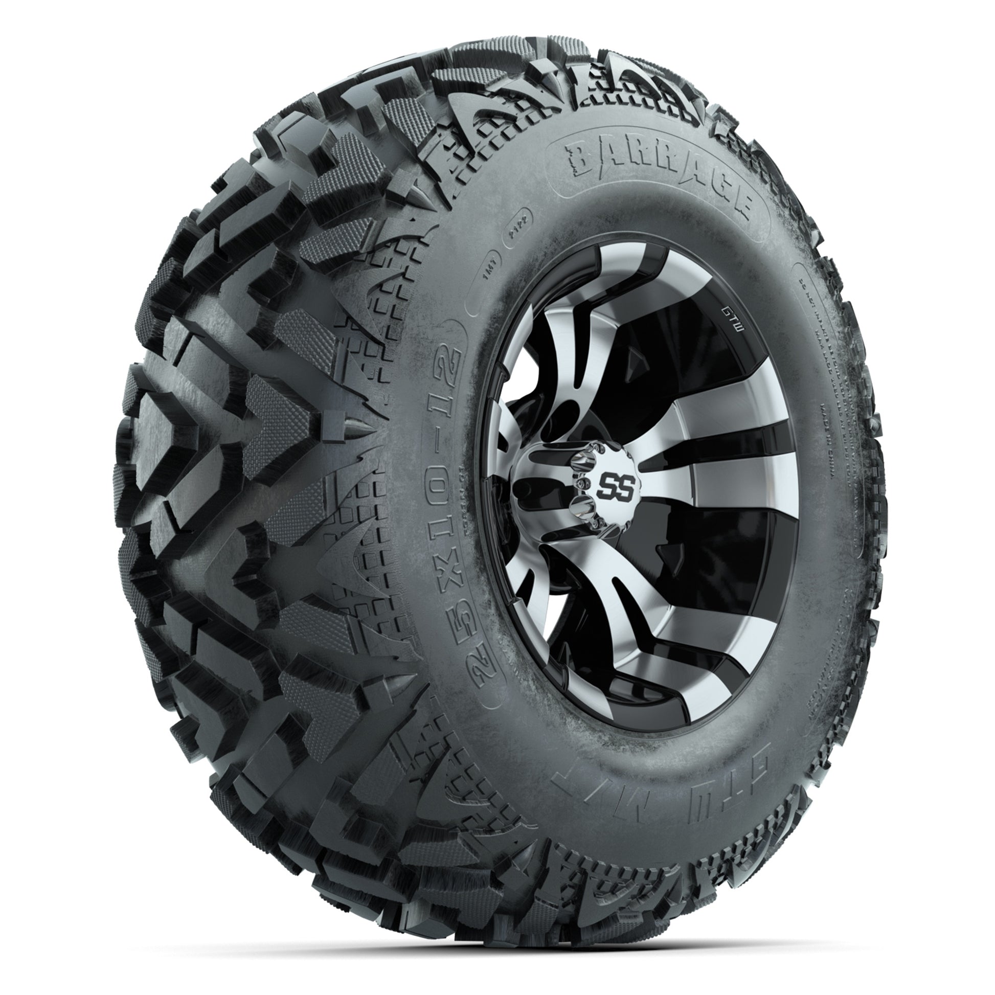 GTW® Vampire Black/Machined 12 in Wheels with 25X10-12 Barrage Mud Tires – Full Set