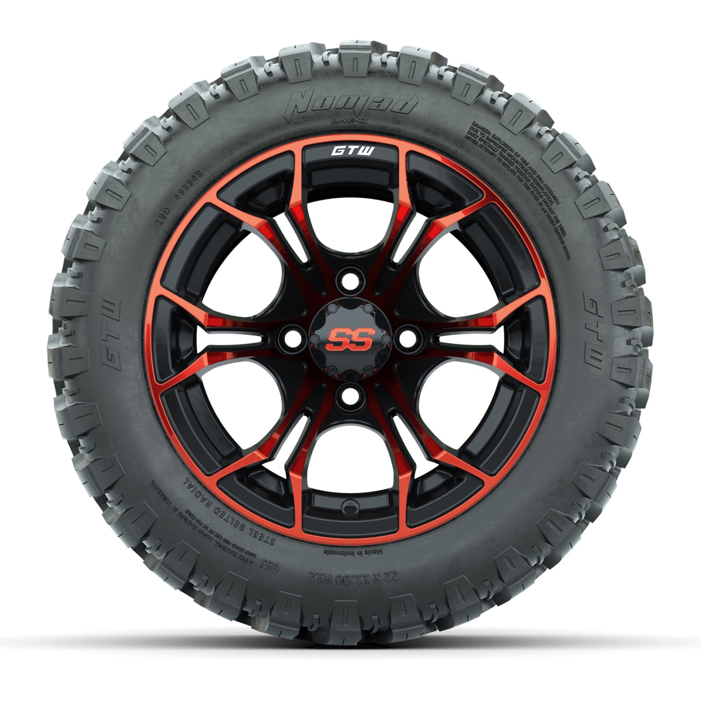 GTW® Spyder Black/Red 12 in Wheels with 22X11-R12 Nomad Steel Belt Radial All-Terrain Tires – Full Set