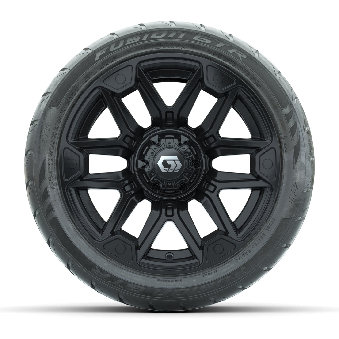 GTW® Graffiti Gloss Black 14 in Wheels with 225/40-R14 Fusion GTR Steel Belt Radial Street Tires – Full Set