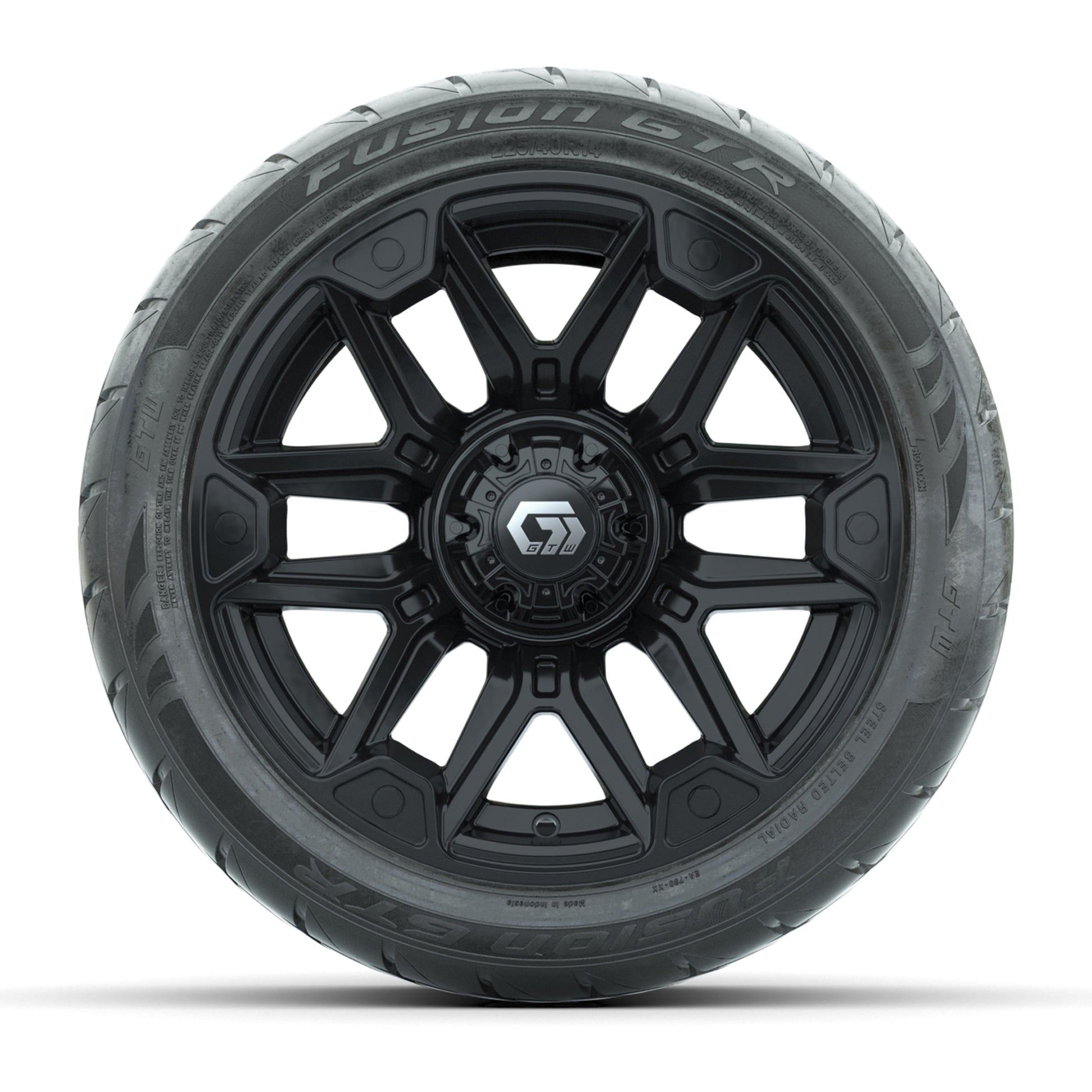 GTW® Graffiti Gloss Black 14 in Wheels with 225/40-R14 Fusion GTR Steel Belt Radial Street Tires – Full Set