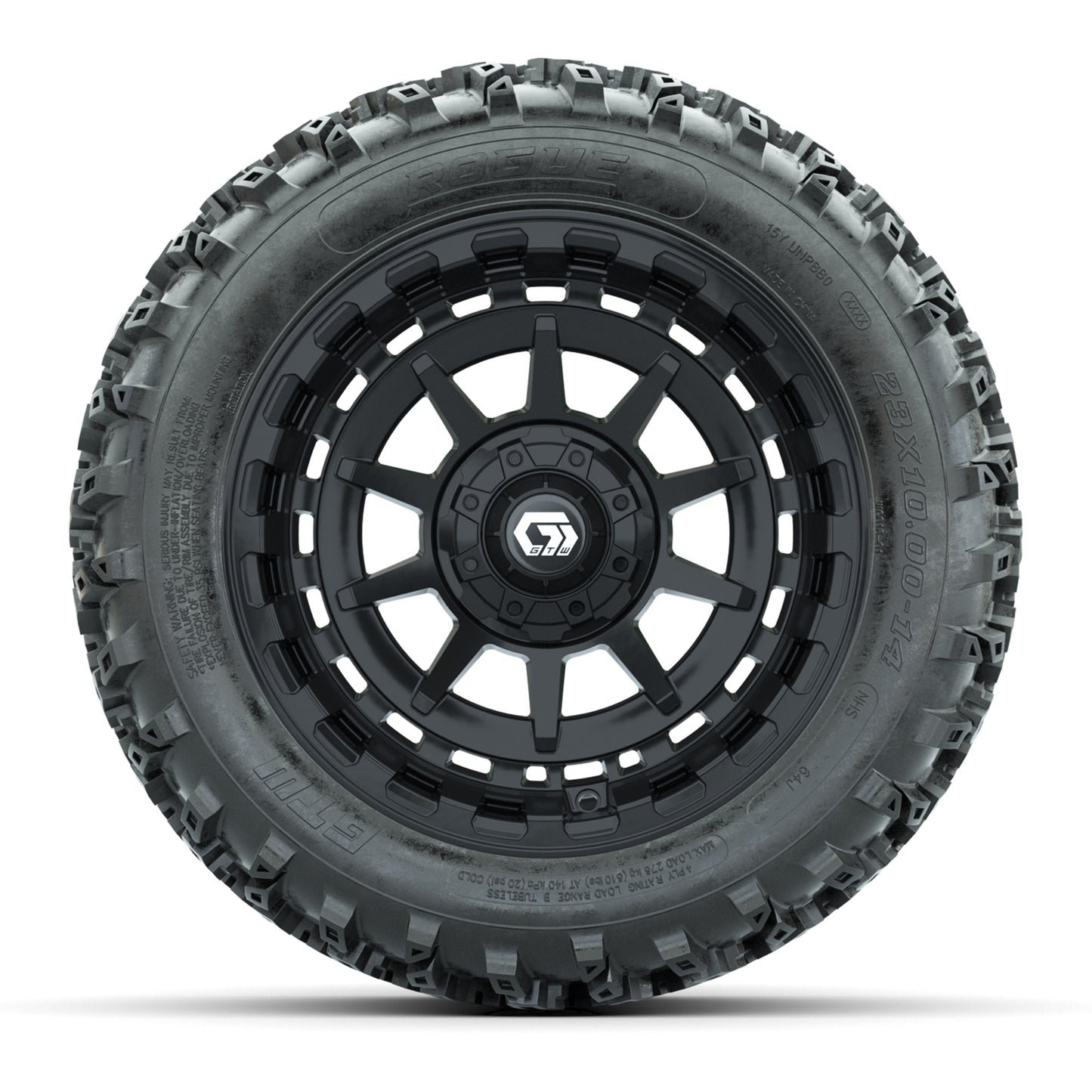 GTW® Barricade Black 14 in Wheels with 23X10-14 Rogue All-Terrain Tires – Full Set