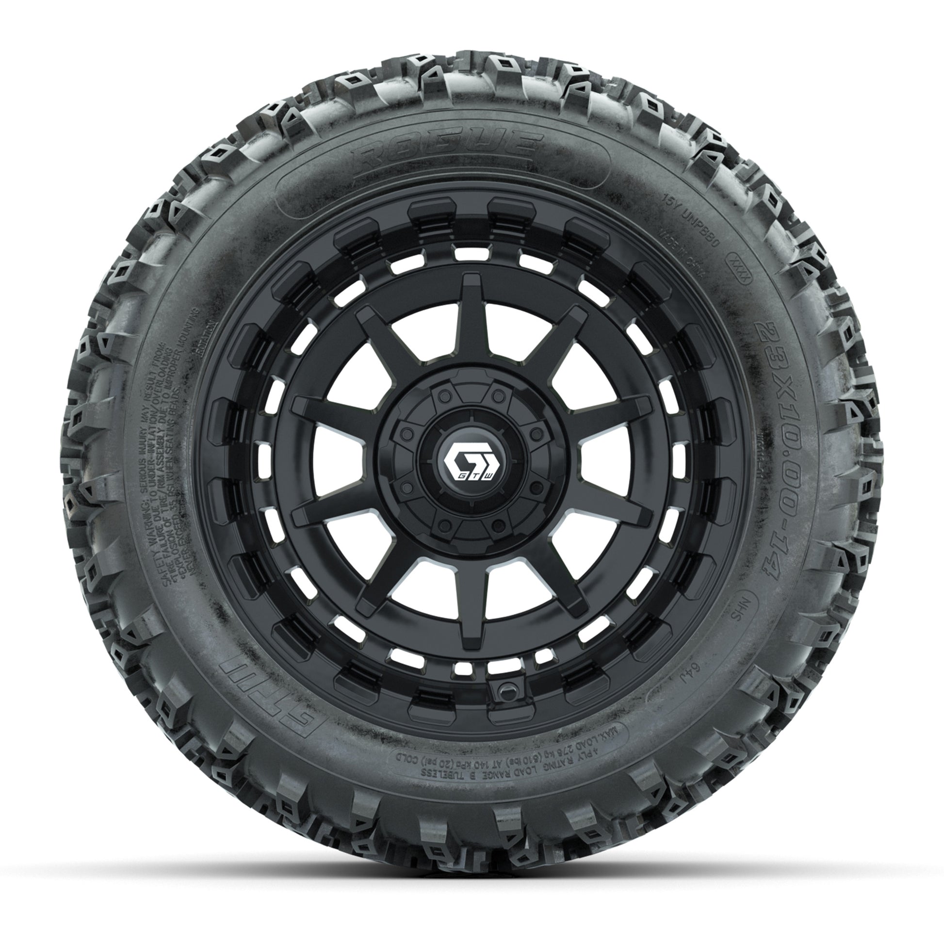 GTW® Barricade Black 14 in Wheels with 23X10-14 Rogue All-Terrain Tires – Full Set