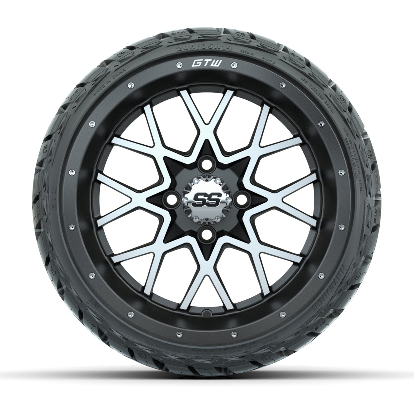 GTW® Vortex Matte Gray/Machined 14 in Wheels with 205/35-R14 Maverick Low-Profile All-Terrain Tires - Full Set