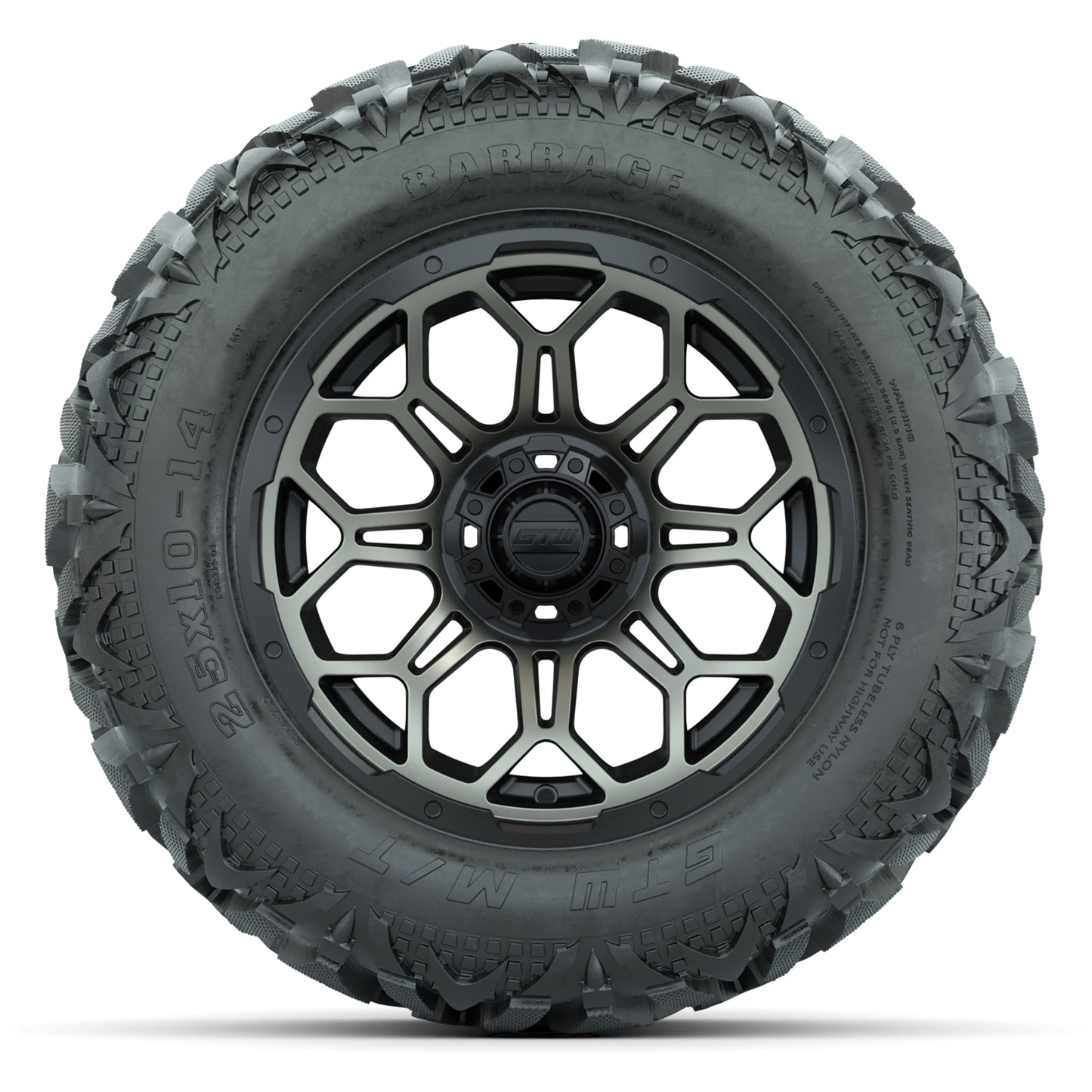 GTW Bravo Black/Bronze Tint 14 in Wheels with 25x10-14 Barrage Mud Tires – Full Set