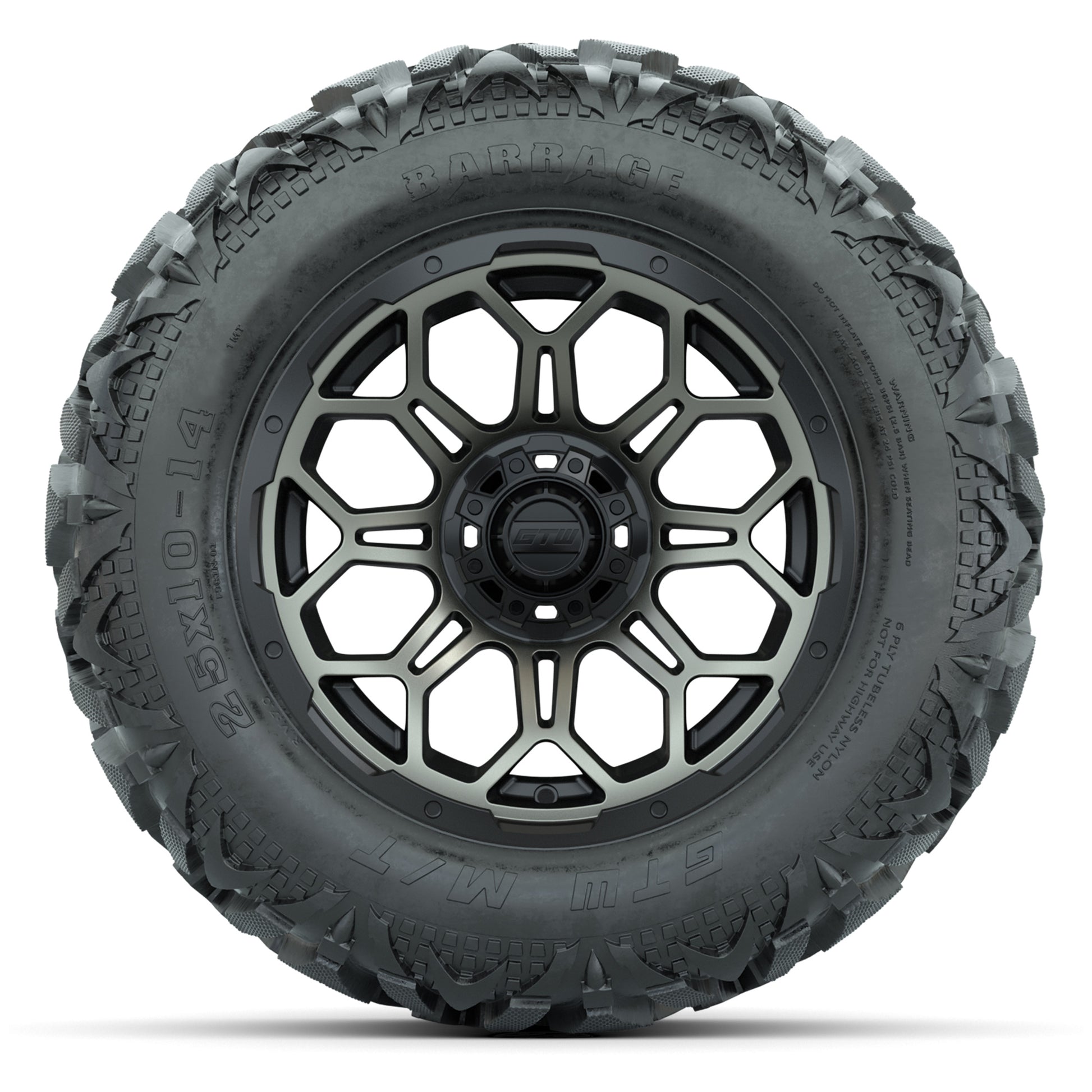 GTW Bravo Black/Bronze Tint 14 in Wheels with 25x10-14 Barrage Mud Tires – Full Set