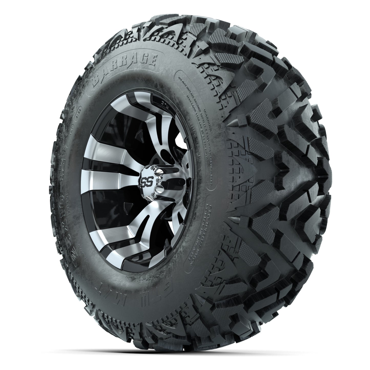 GTW® Vampire Black/Machined 12 in Wheels with 25X10-12 Barrage Mud Tires – Full Set