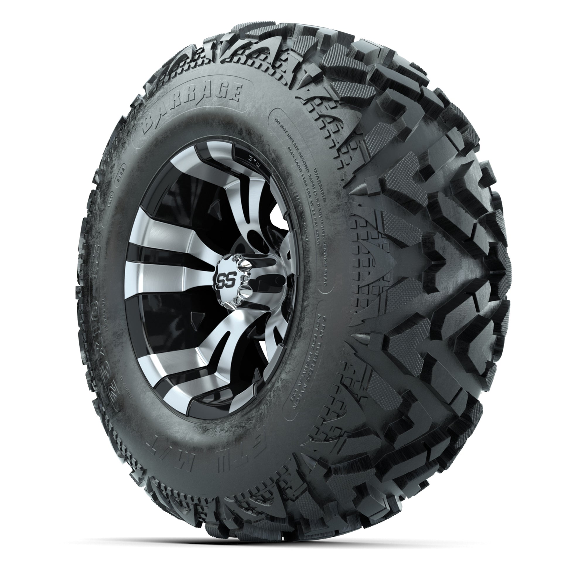 GTW® Vampire Black/Machined 12 in Wheels with 25X10-12 Barrage Mud Tires – Full Set