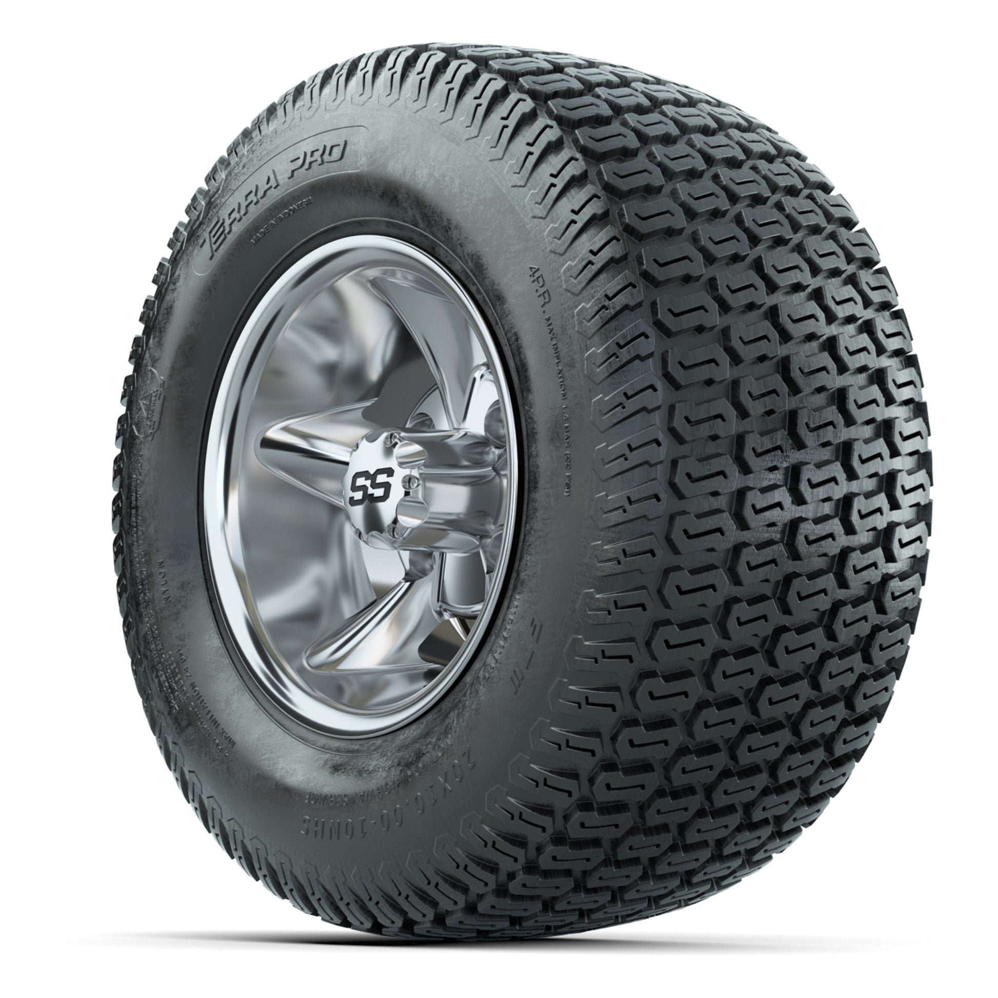 GTW Godfather Chrome 10 in Wheels with 20x10-10 S-Pattern Terra Pro Street Tires – Full Set