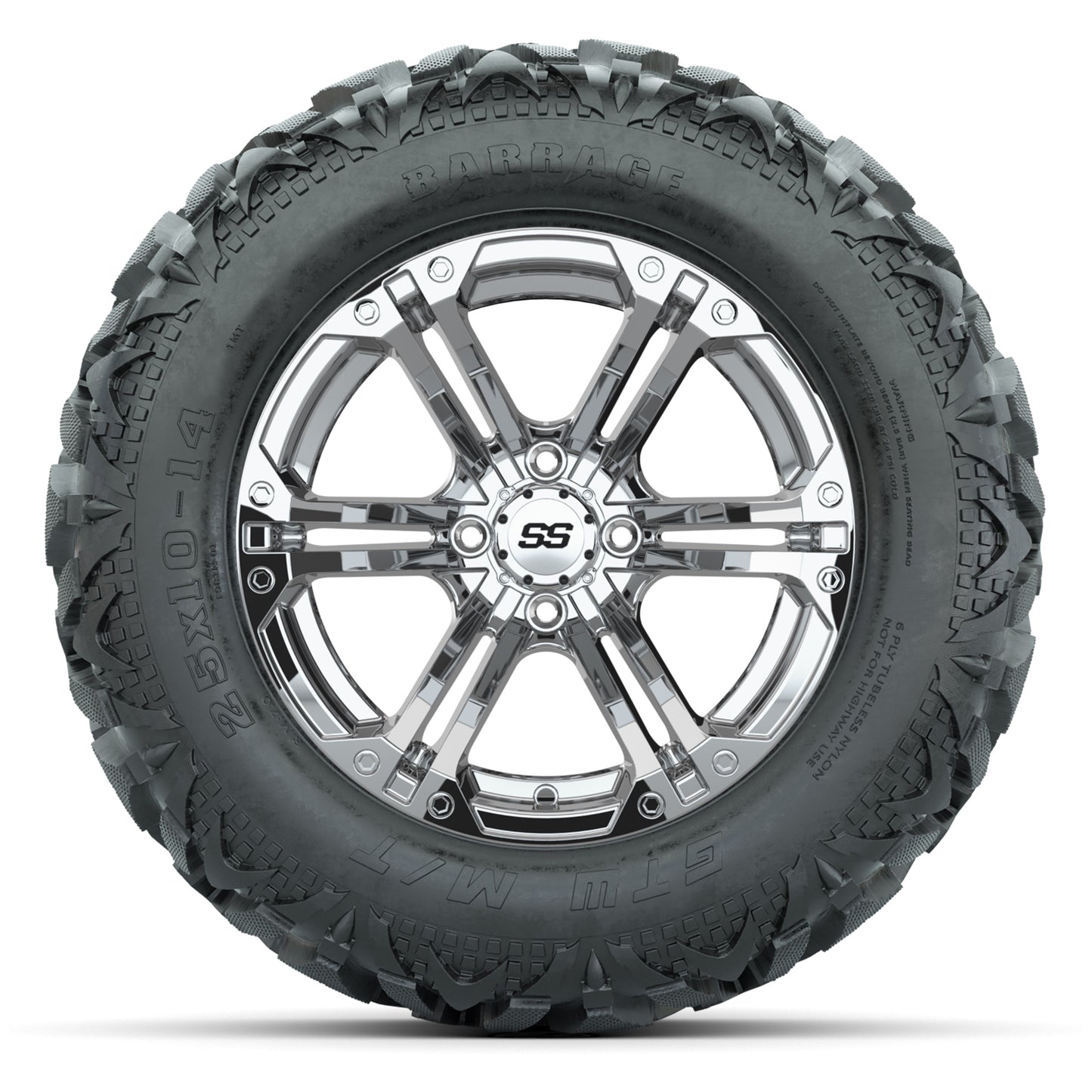 GTW Specter Chrome 14 in Wheels with 25x10-14 Barrage Mud Tires – Full Set