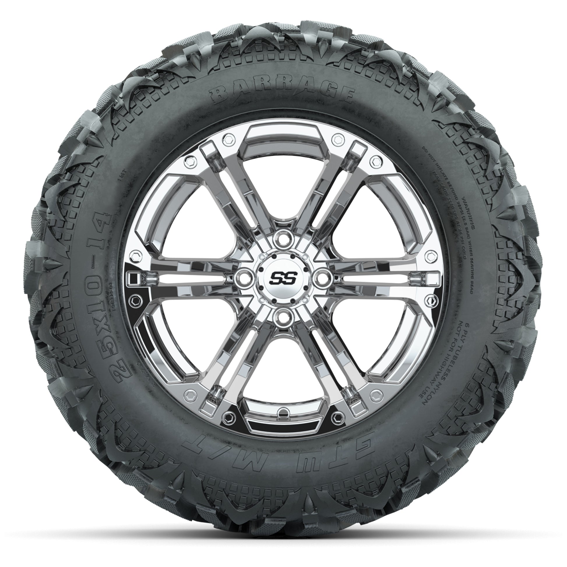 GTW Specter Chrome 14 in Wheels with 25x10-14 Barrage Mud Tires – Full Set