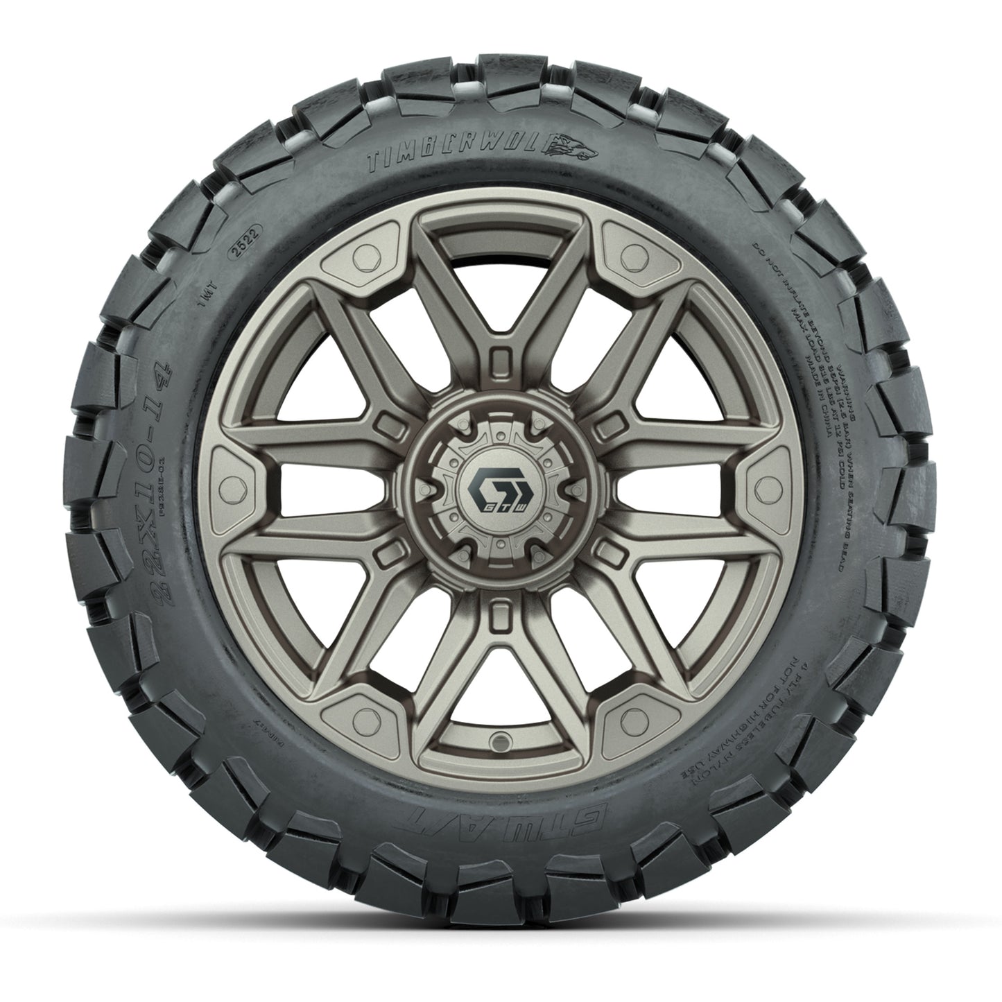 GTW® Graffiti Satin Bronze 14 in Wheels with 22x10-14 Timberwolf All-Terrain Tires – Full Set