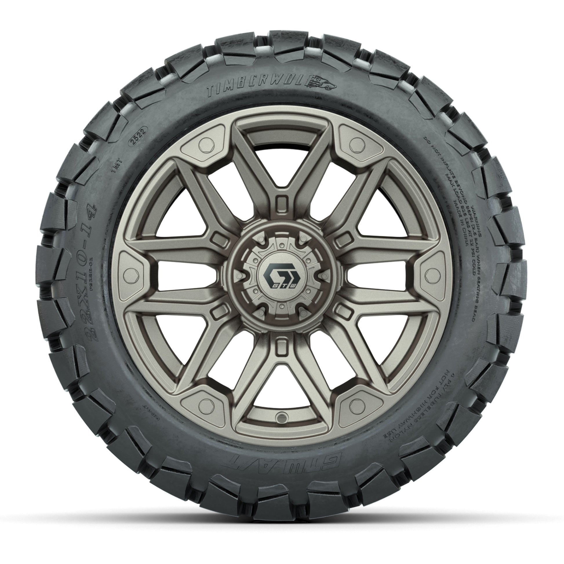 GTW® Graffiti Satin Bronze 14 in Wheels with 22x10-14 Timberwolf All-Terrain Tires – Full Set