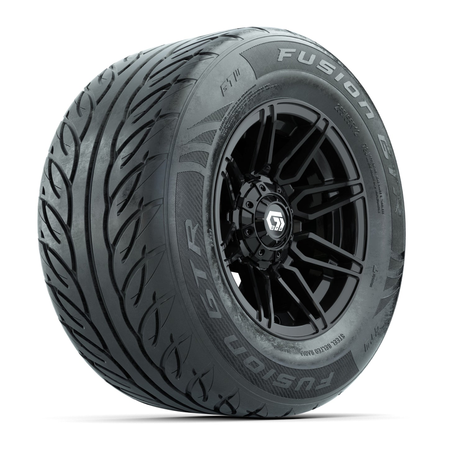 GTW® Stealth Black/Machined 12 in Wheels with 255/55-R12 Fusion GTR Steel Belt Radial Street Tires – Full Set