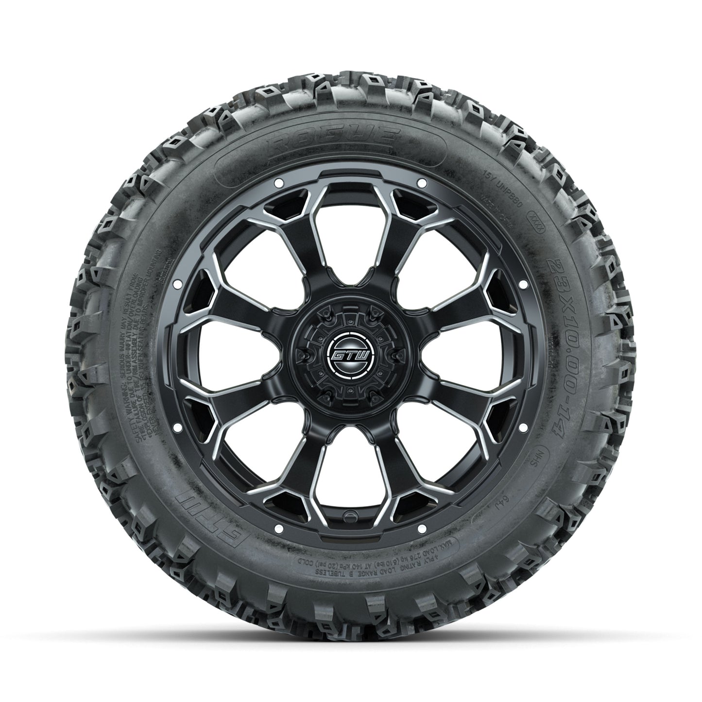 GTW Raven Ball Milled/Matte Black 14 in Wheels with 23x10.00-14 Rogue All Terrain Tires - Full Set