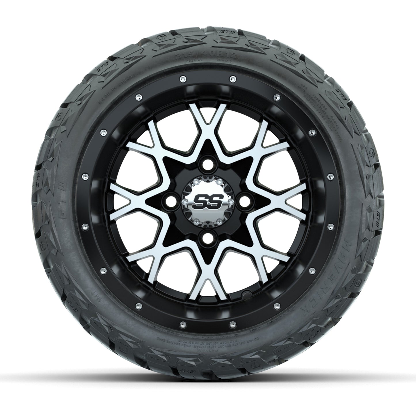 GTW Vortex Matte Black/Machined 12 in Wheels with 215/40-R12 Maverick Low-Profile All-Terrain Tires – Full Set