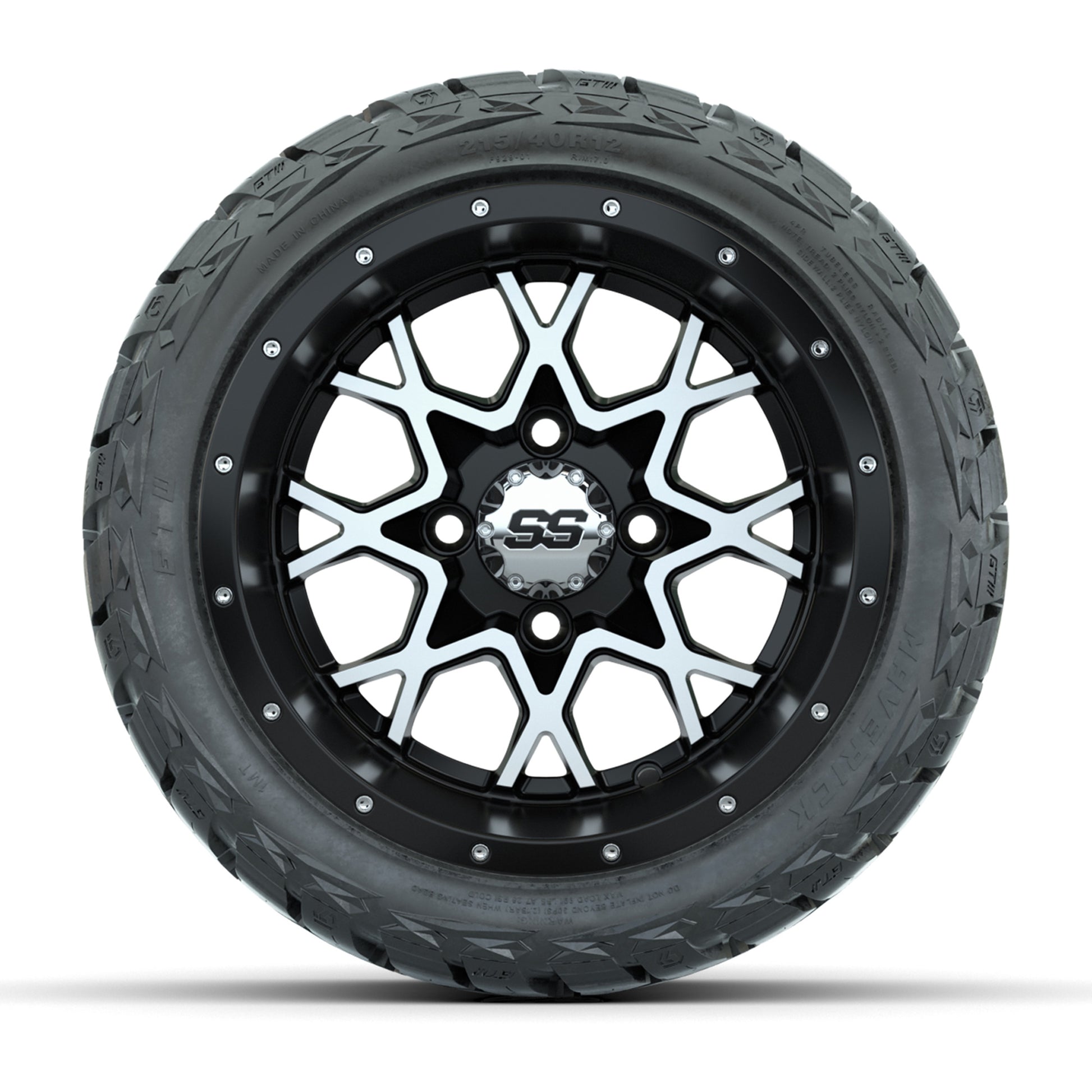 GTW Vortex Matte Black/Machined 12 in Wheels with 215/40-R12 Maverick Low-Profile All-Terrain Tires – Full Set