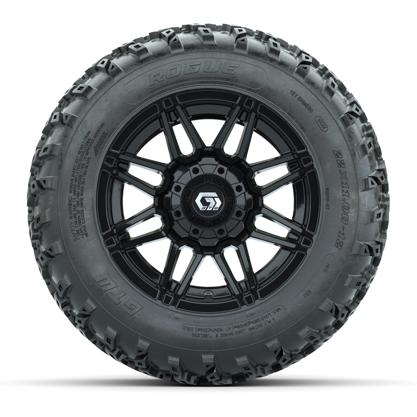 GTW® Stealth Gloss Black 12 in Wheels with 22x11.00-12 Rogue All-Terrain Tires – Full Set