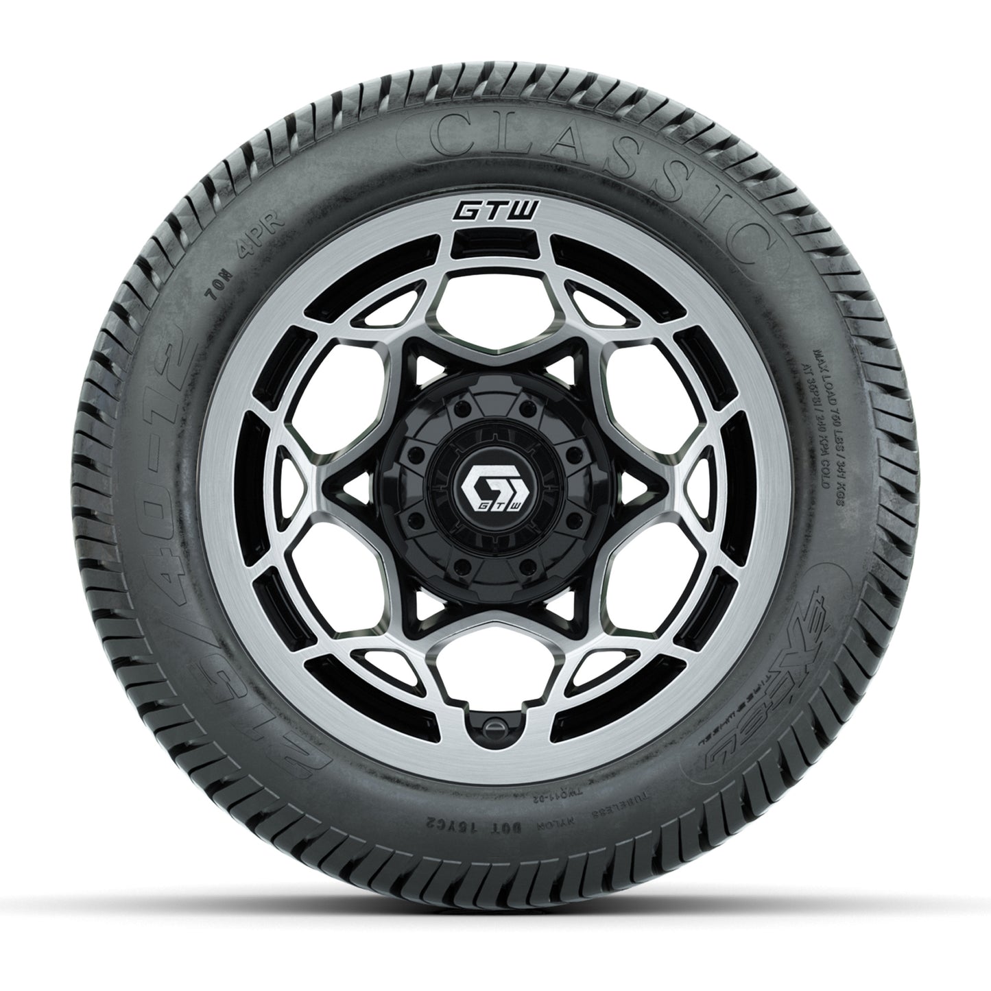 GTW® Nexus Black/Silver 12 in Wheels with 215/40-12 Excel Classic Street Tires – Full Set