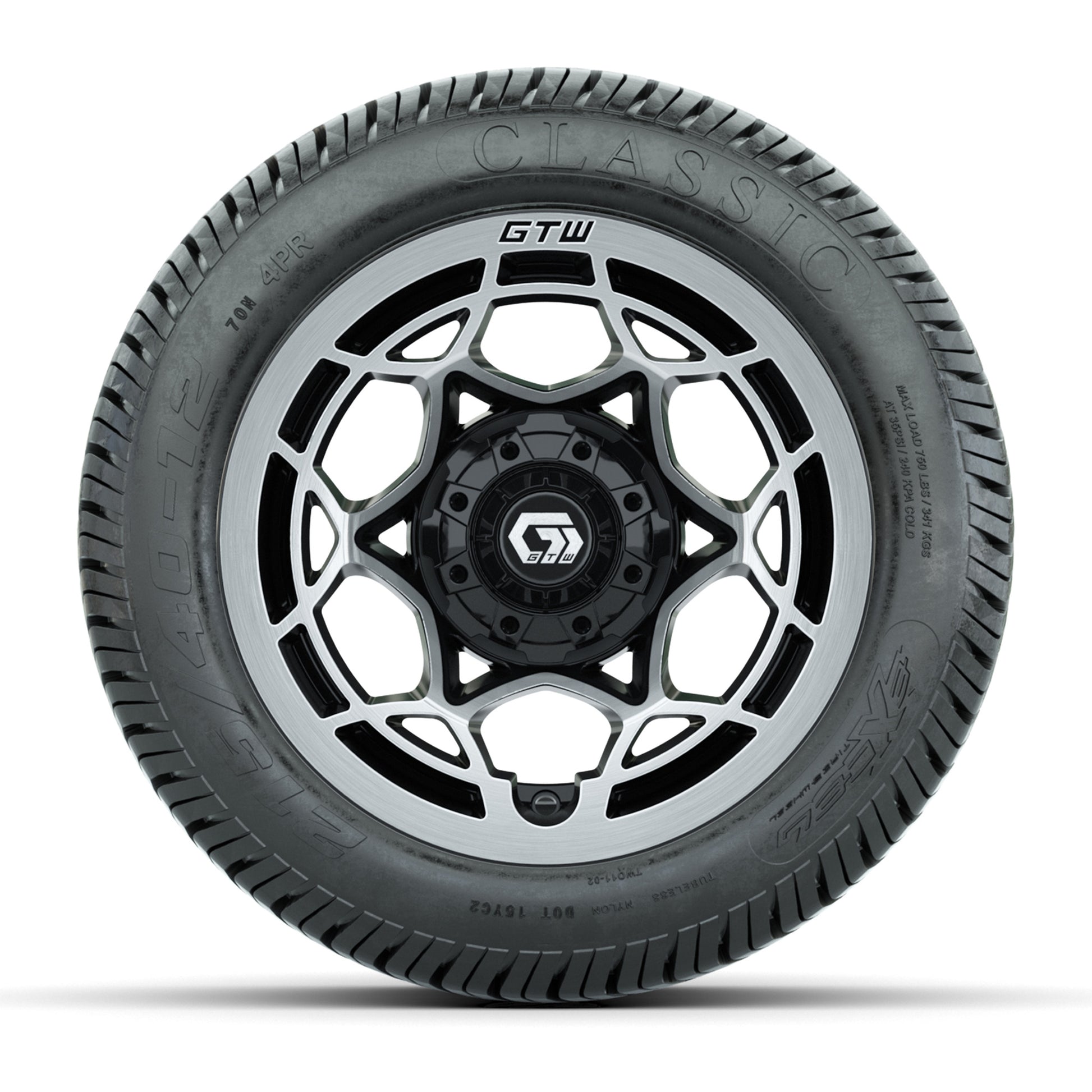 GTW® Nexus Black/Silver 12 in Wheels with 215/40-12 Excel Classic Street Tires – Full Set