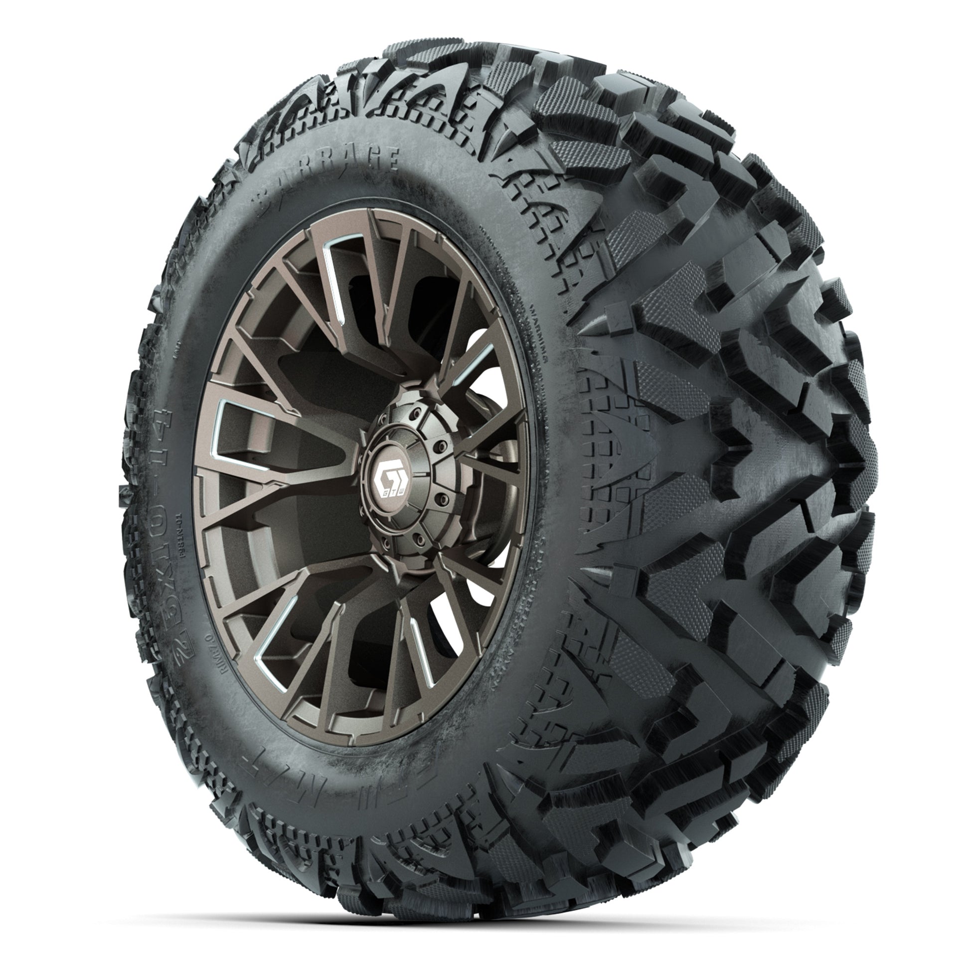 GTW Vandal Bronze/Machined 14 in Wheels with 25x10-14 Barrage Mud Tires – Full Set