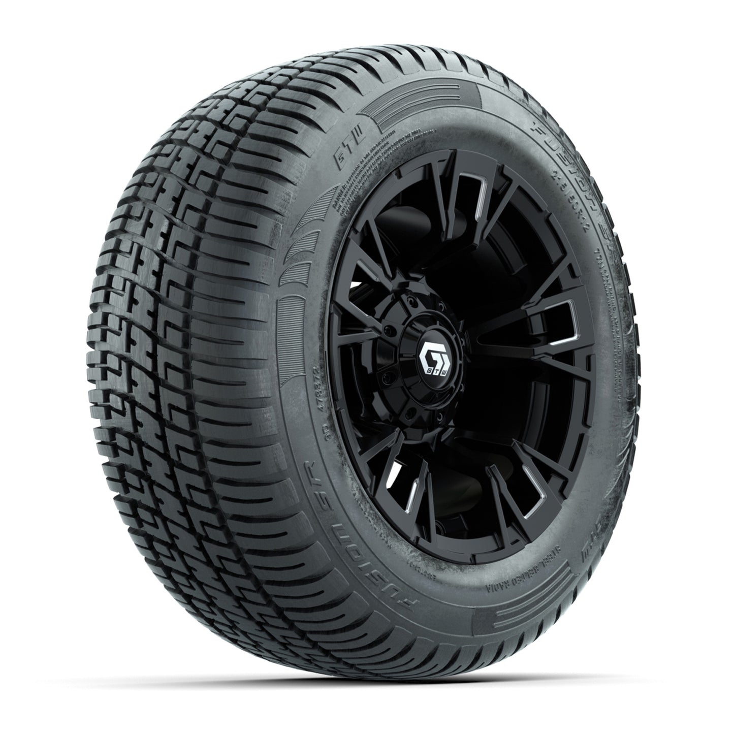 GTW® Vandal Matte Black/Machined 12 in Wheels with 215/50-R12 Fusion S/R Steel Belt Radial Tires – Full Set