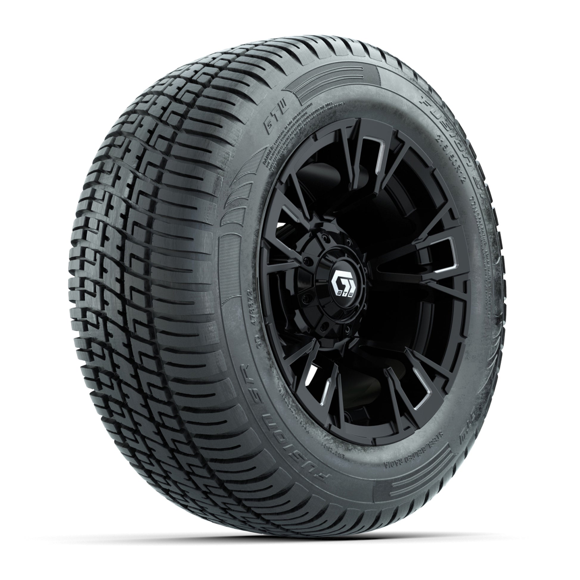 GTW® Vandal Matte Black/Machined 12 in Wheels with 215/50-R12 Fusion S/R Steel Belt Radial Tires – Full Set