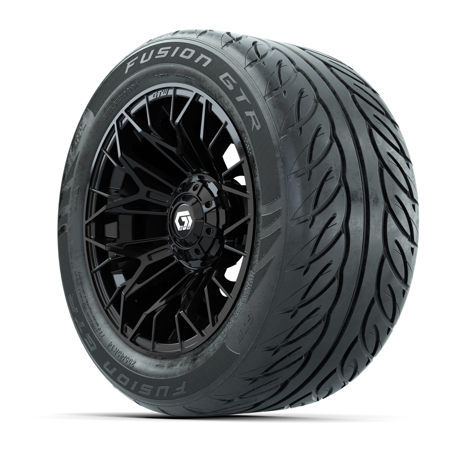 GTW® Stellar Black 14 in Wheels with 255/45-R14 Fusion GTR Steel Belt Radial Street Tires – Full Set