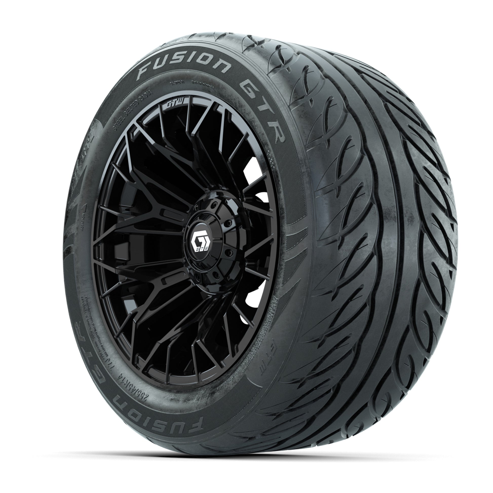 GTW® Stellar Black 14 in Wheels with 255/45-R14 Fusion GTR Steel Belt Radial Street Tires – Full Set