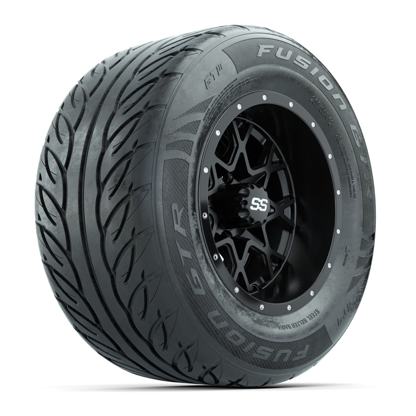 GTW® Vortex 2 Matte Black 12 in Wheels with 255/55-R12 Fusion GTR Steel Belt Radial Street Tires – Full Set