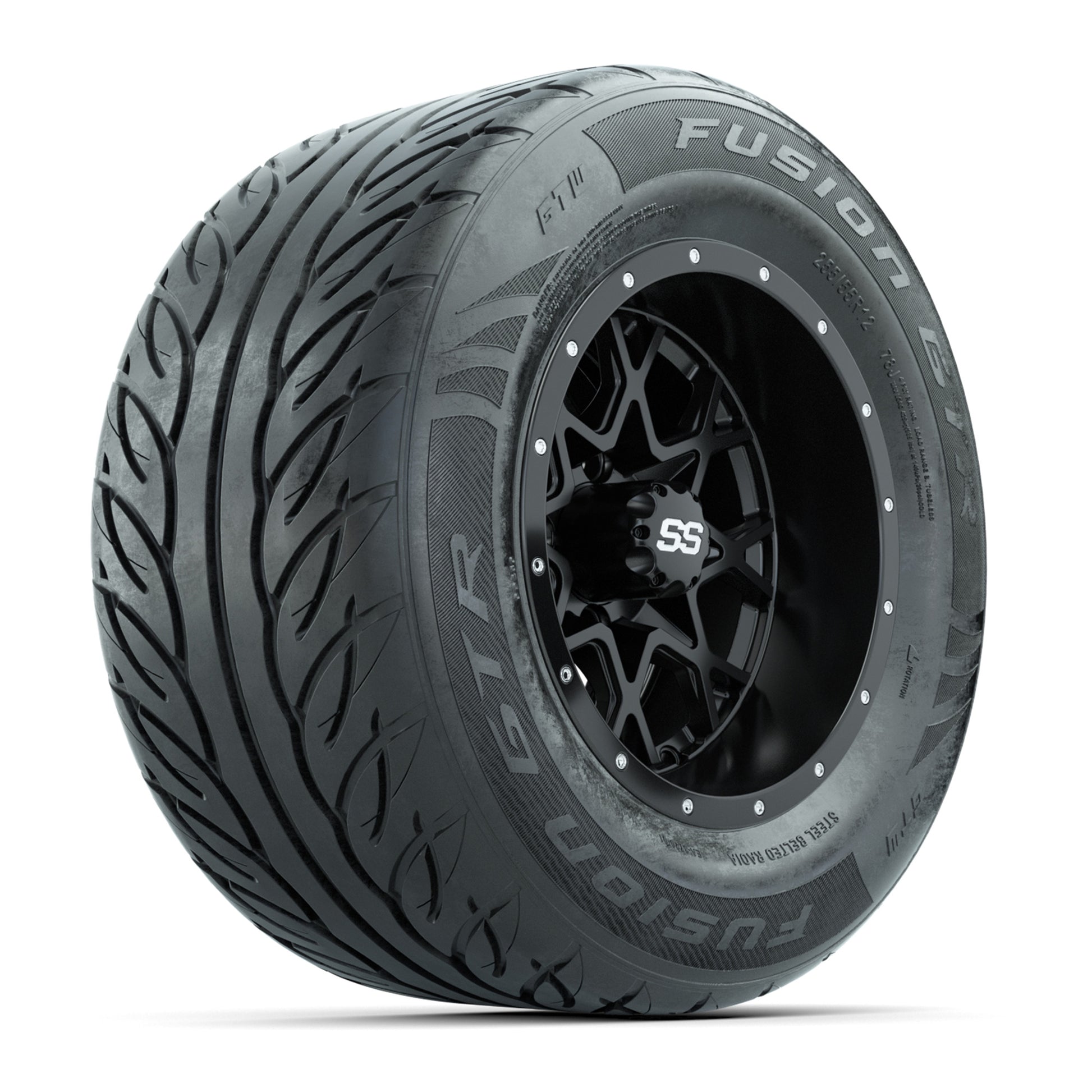 GTW® Vortex 2 Matte Black 12 in Wheels with 255/55-R12 Fusion GTR Steel Belt Radial Street Tires – Full Set