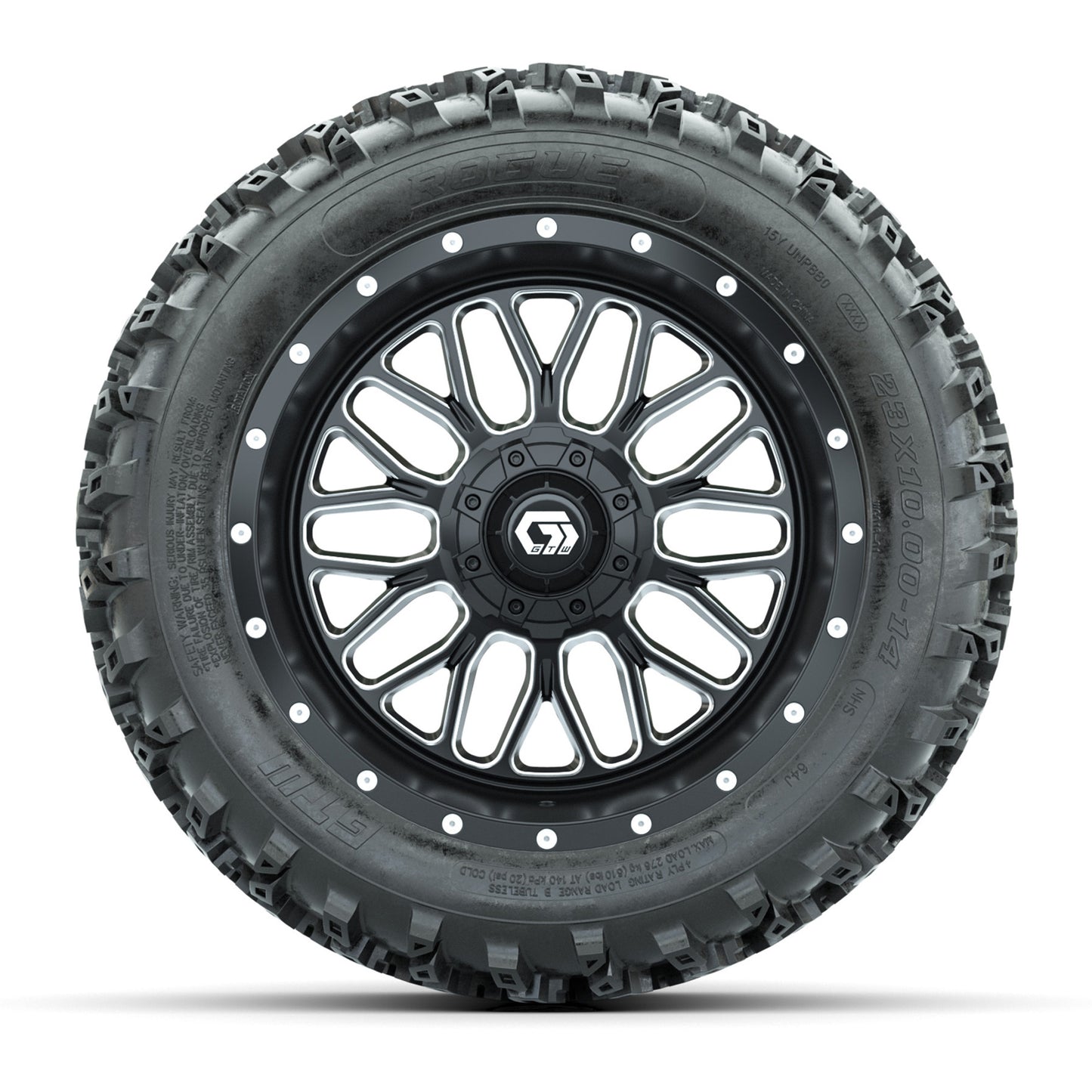 GTW Helix Machined/Black 14 in Wheels with 23x10.00-14 Rogue All Terrain Tires - Full Set