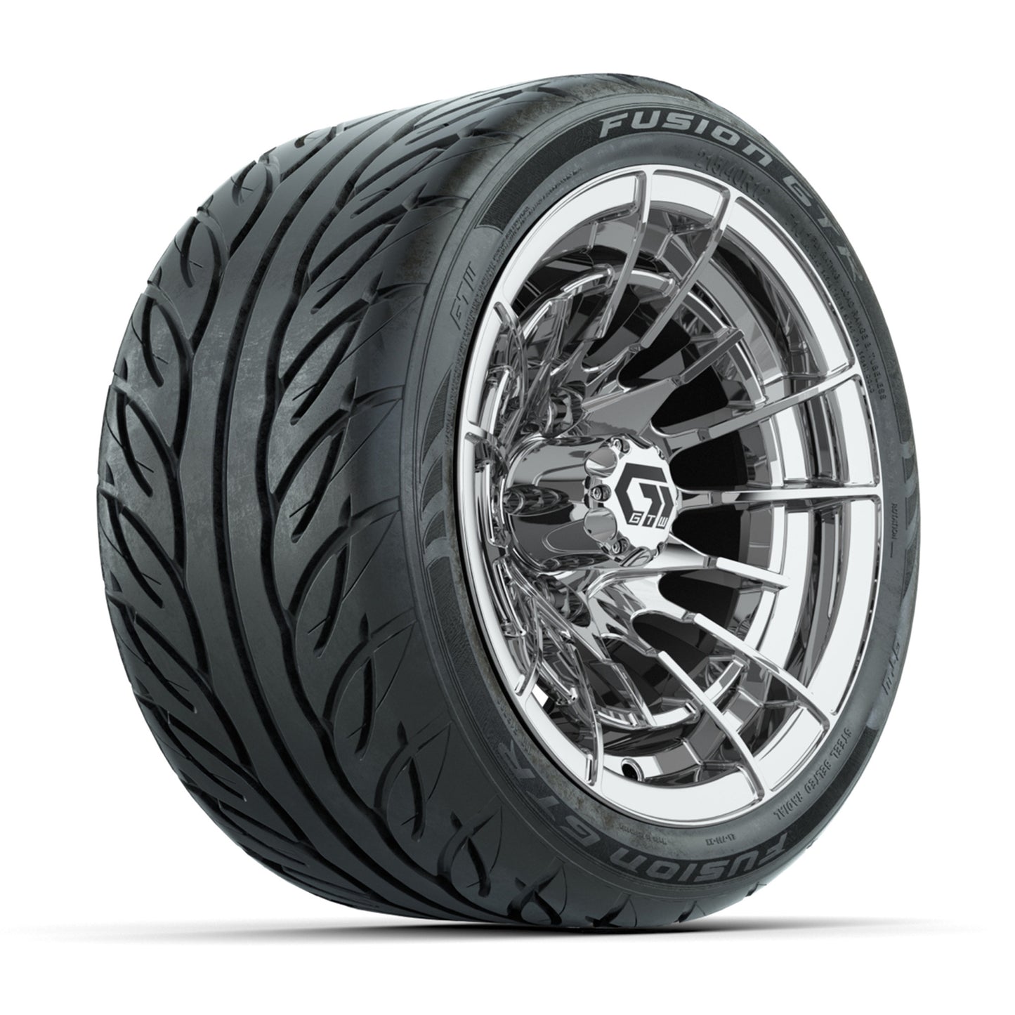 GTW® Boost Chrome 12 in Wheels with 215/40-R12 Fusion GTR Steel Belt Radial Street Tires – Full Set
