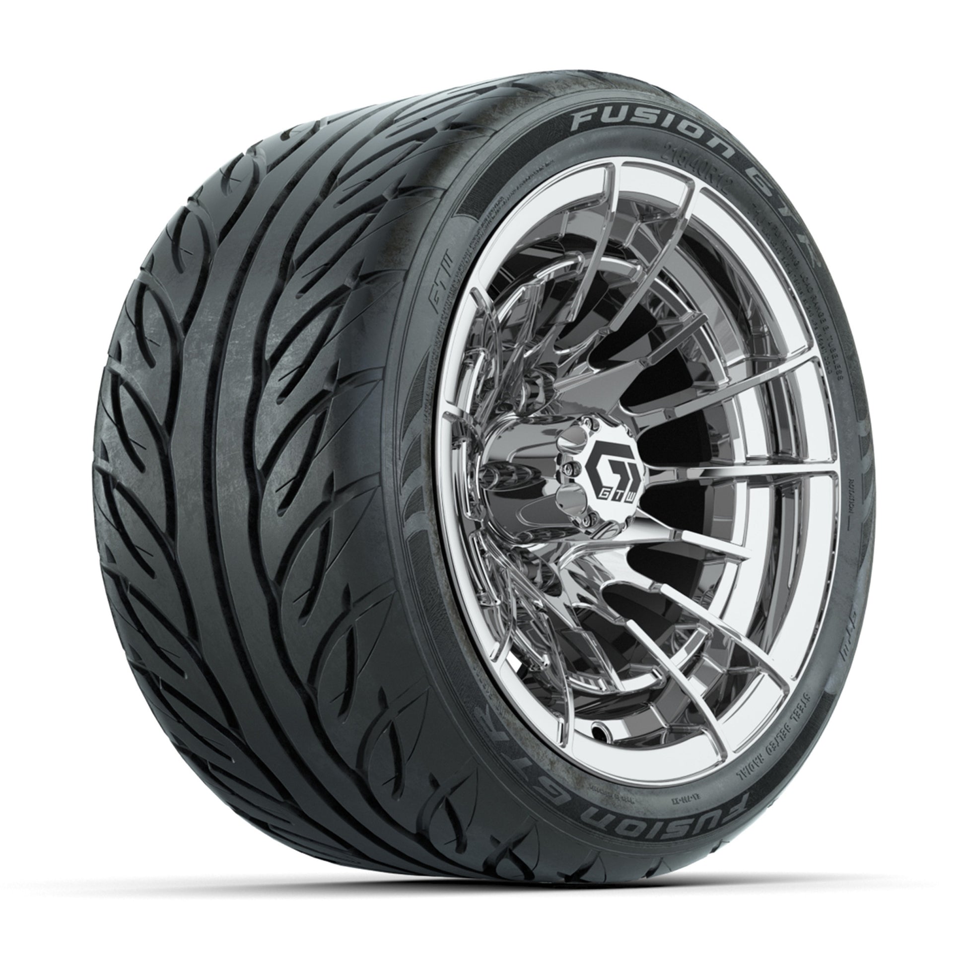 GTW® Boost Chrome 12 in Wheels with 215/40-R12 Fusion GTR Steel Belt Radial Street Tires – Full Set