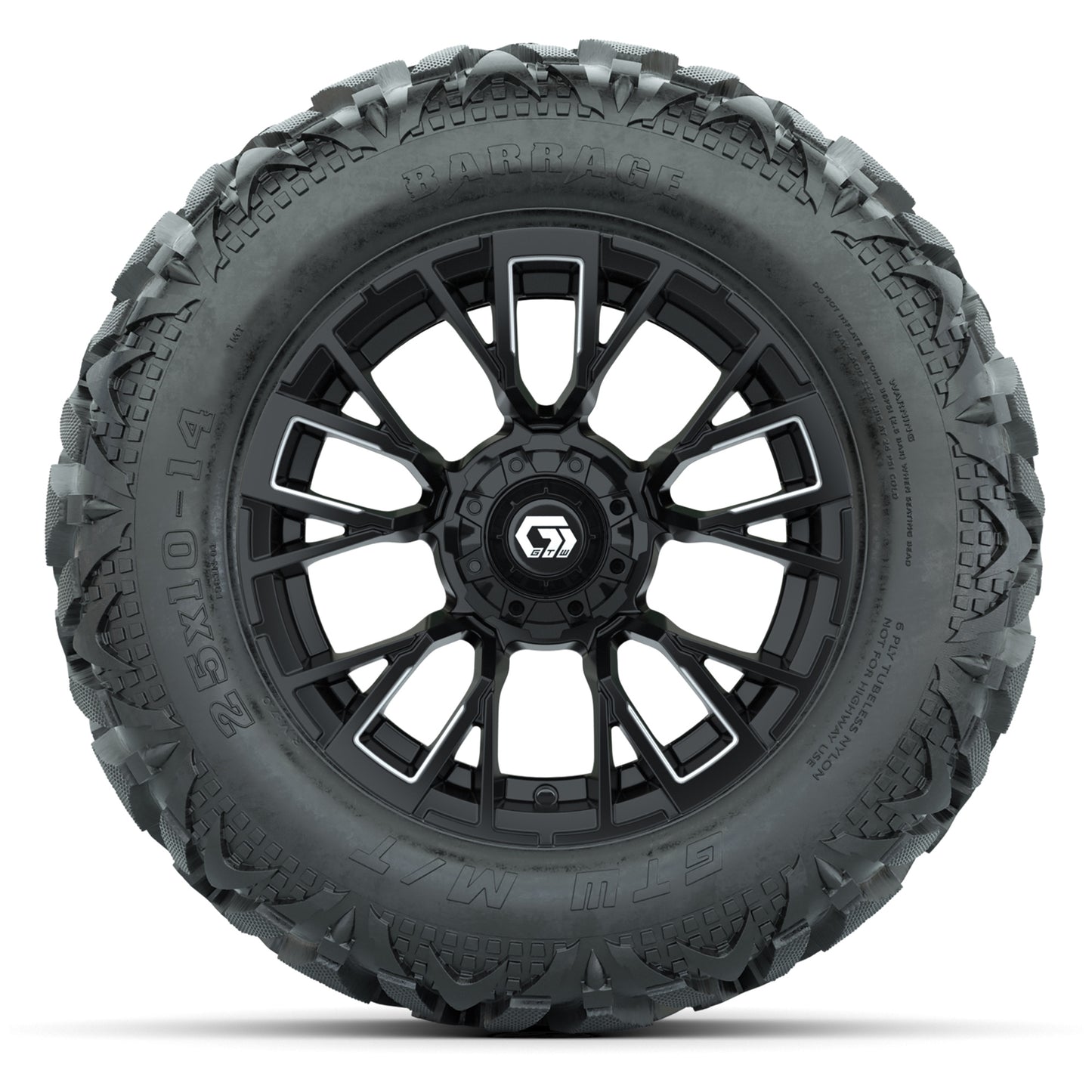GTW Vandal Matte Black/Machined 14 in Wheels with 25x10-14 Barrage Mud Tires – Full Set