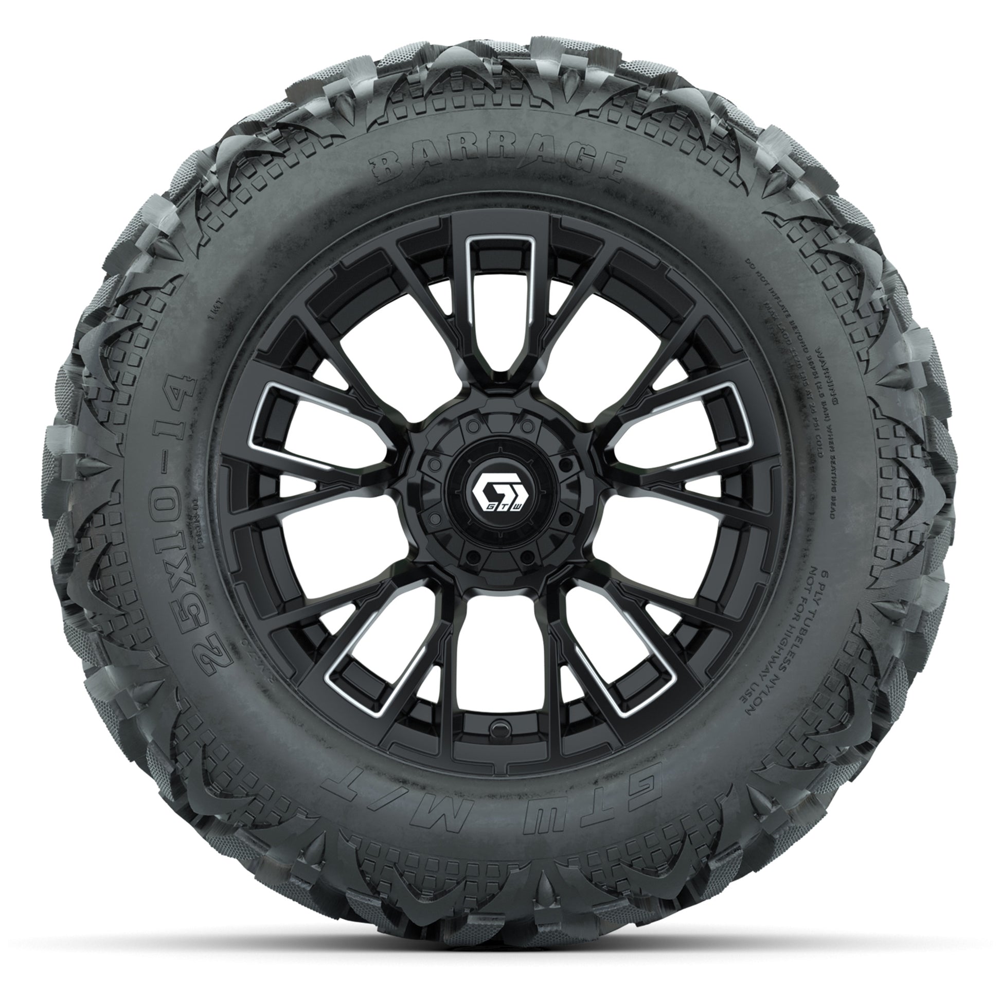 GTW Vandal Matte Black/Machined 14 in Wheels with 25x10-14 Barrage Mud Tires – Full Set