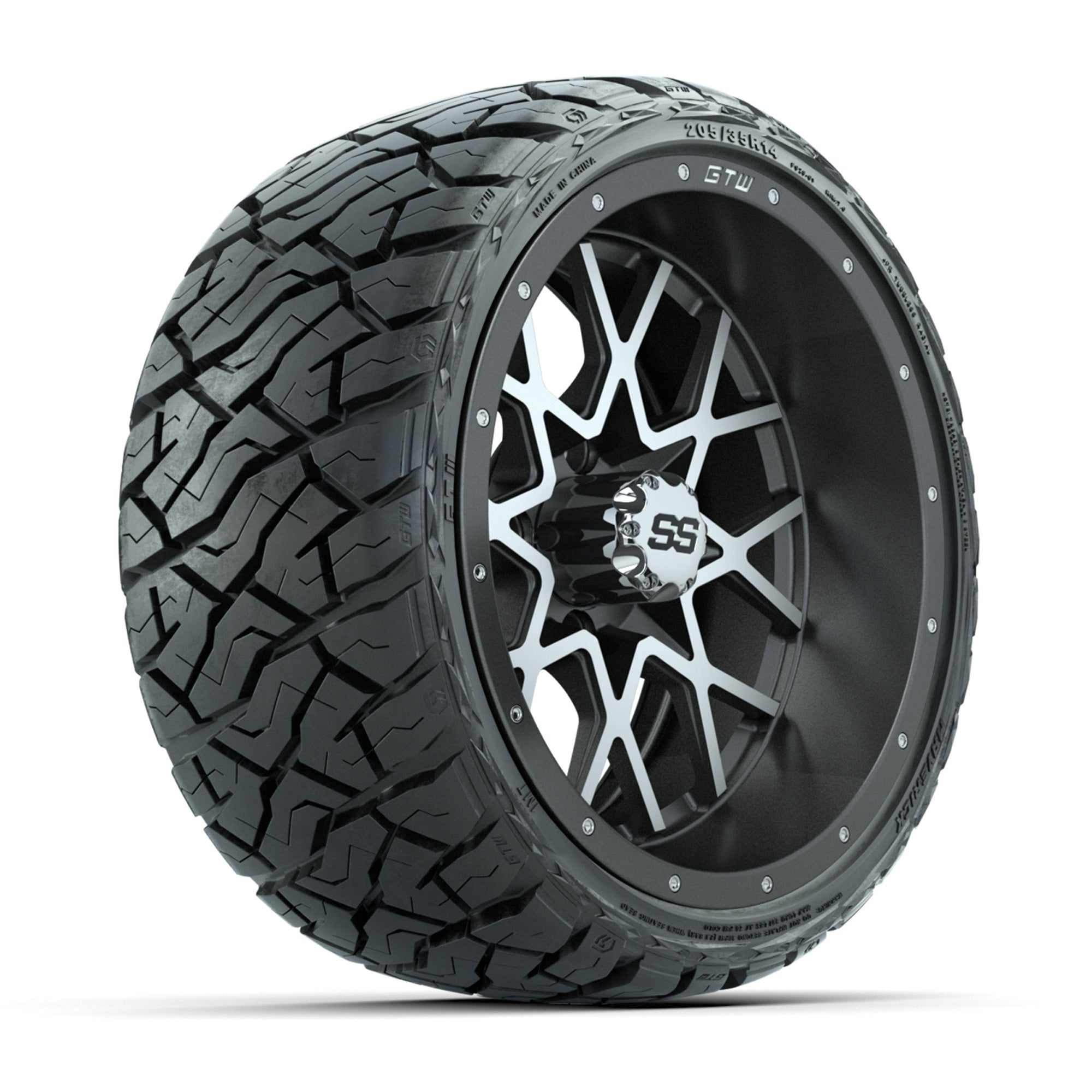 GTW® Vortex Matte Gray/Machined 14 in Wheels with 205/35-R14 Maverick Low-Profile All-Terrain Tires - Full Set