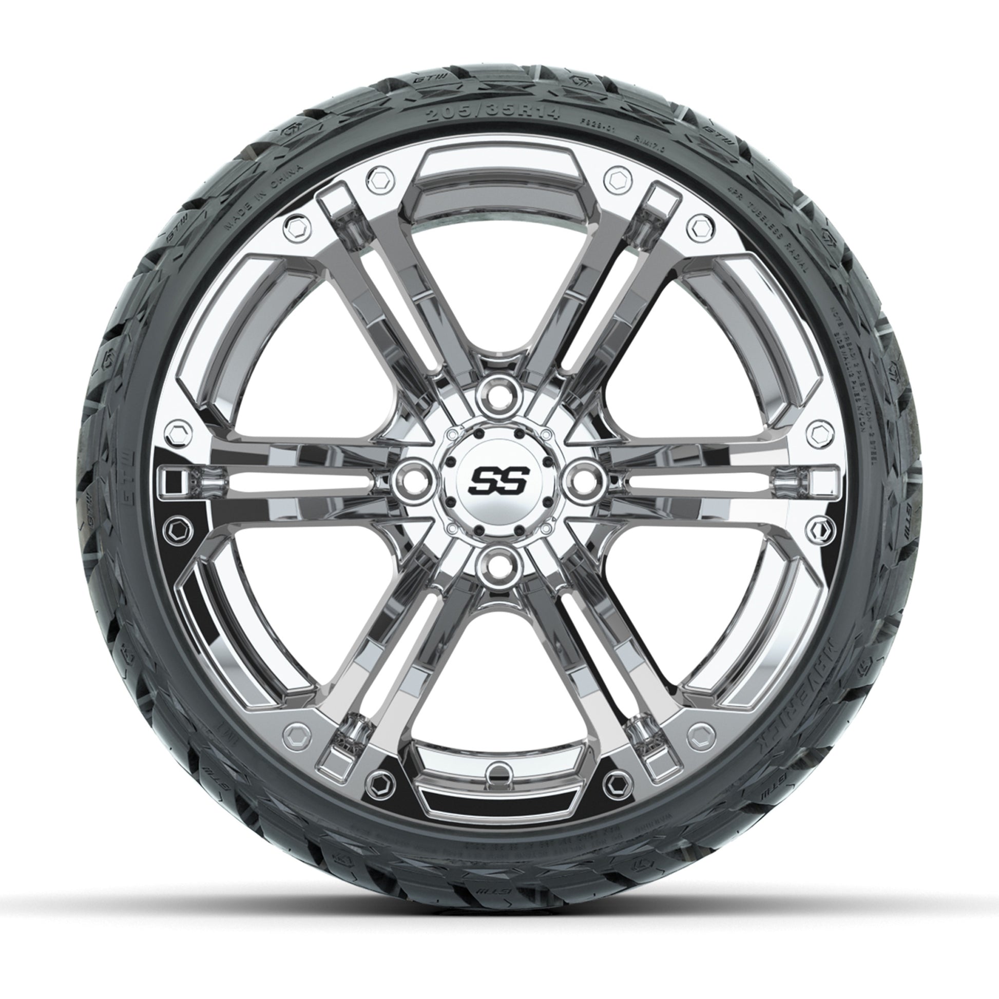 GTW Specter Chrome 14 in Wheels with 205/35-R14 Maverick Low-Profile All-Terrain Tires – Full Set