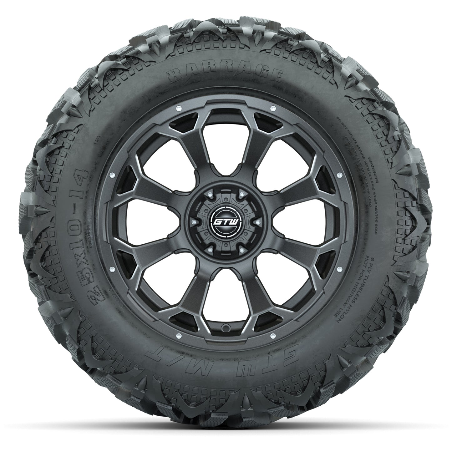 GTW Raven Matte Gray/Ball Mill 14 in Wheels with 25x10-14 Barrage Mud Tires – Full Set