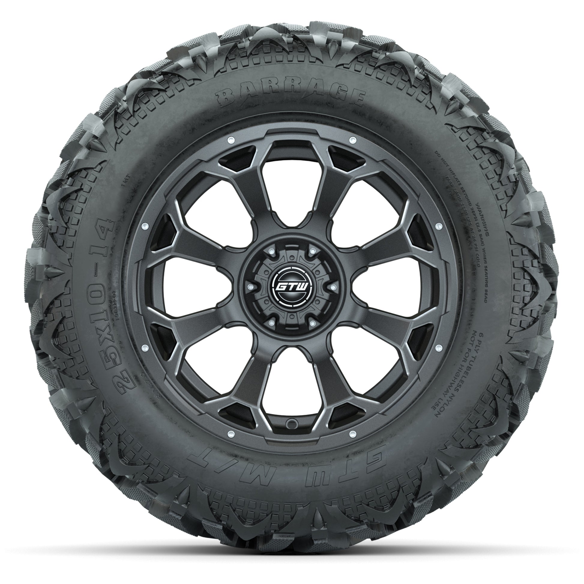 GTW Raven Matte Gray/Ball Mill 14 in Wheels with 25x10-14 Barrage Mud Tires – Full Set