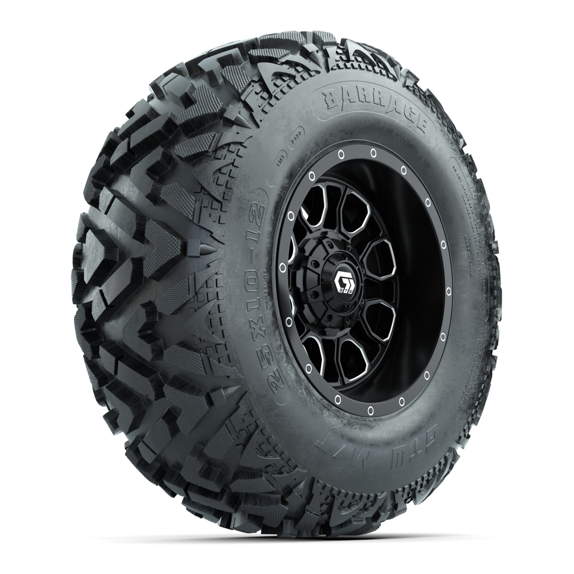 GTW® Volt Black/Machined 12 in Wheels with 25X10-12 Barrage Mud Tires – Full Set
