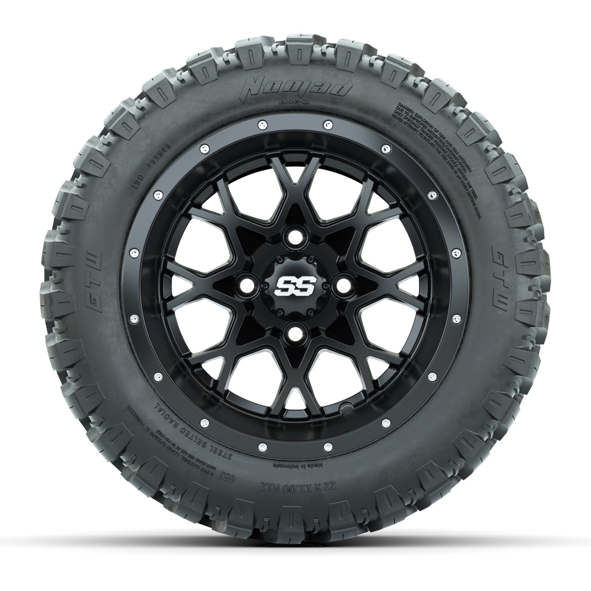 GTW® Vortex 2 Matte Black/Machined 12 in Wheels with 22X11-R12 Nomad Steel Belt Radial All-Terrain Tires – Full Set
