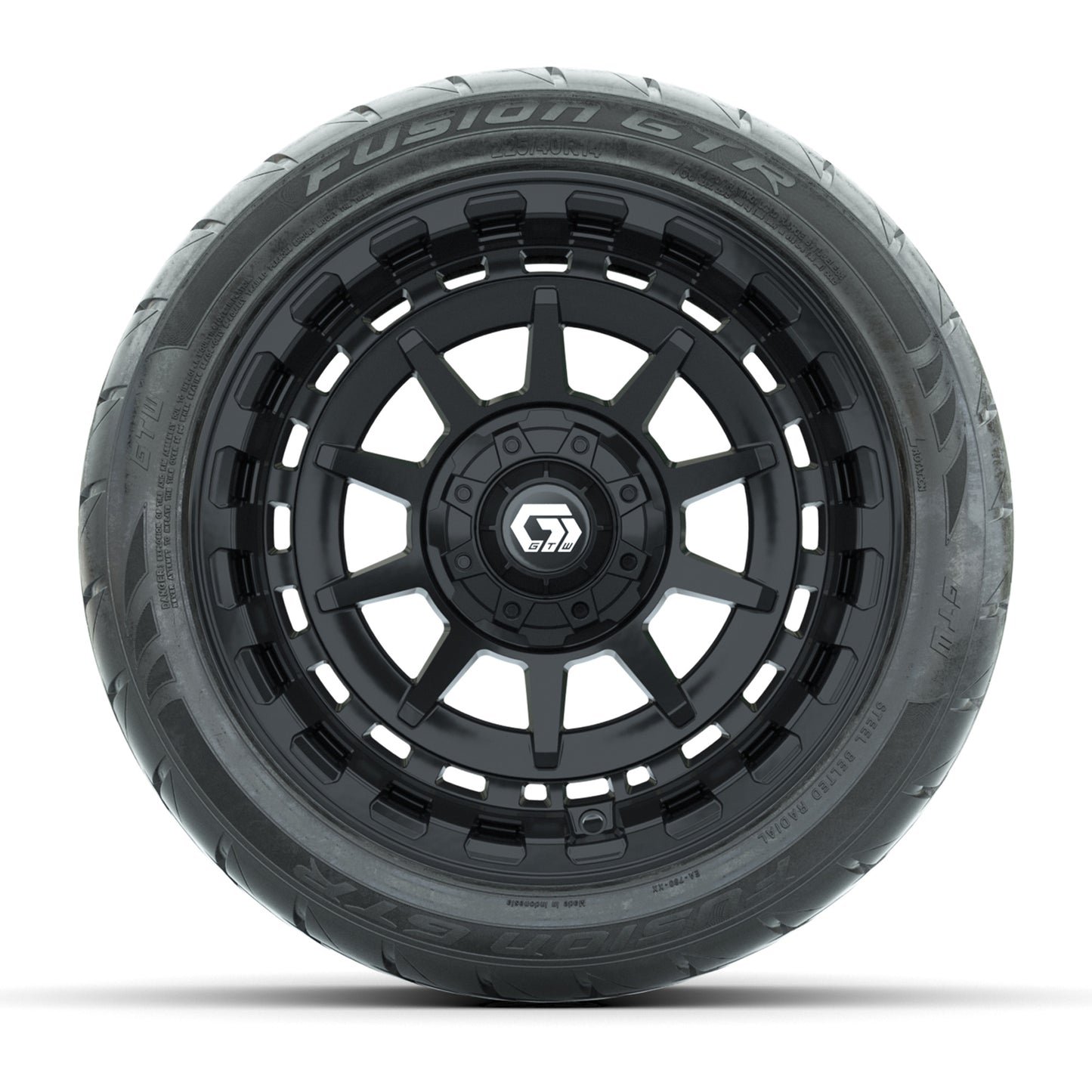 GTW® Barricade Black 14 in Wheels with 225/40-R14 Fusion GTR Steel Belt Radial Street Tires – Full Set