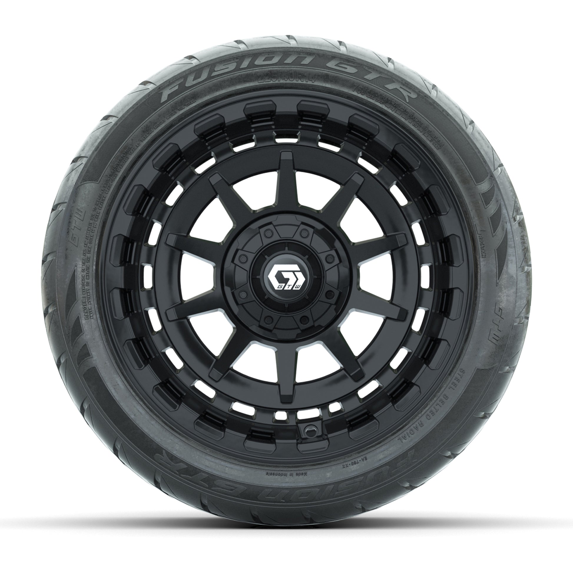 GTW® Barricade Black 14 in Wheels with 225/40-R14 Fusion GTR Steel Belt Radial Street Tires – Full Set