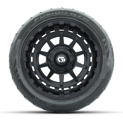 GTW® Barricade Black 14 in Wheels with 225/40-R14 Fusion GTR Steel Belt Radial Street Tires – Full Set