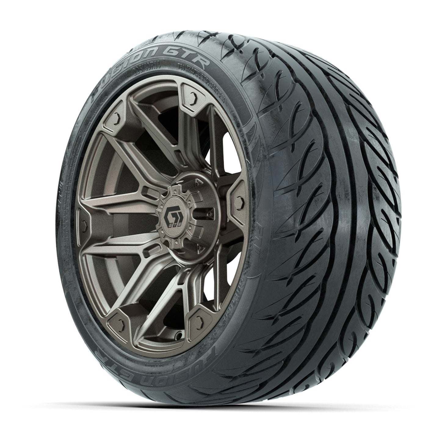 GTW® Graffiti Bronze/Black 14 in Wheels with 225/40-R14 Fusion GTR Steel Belt Radial Street Tires – Full Set