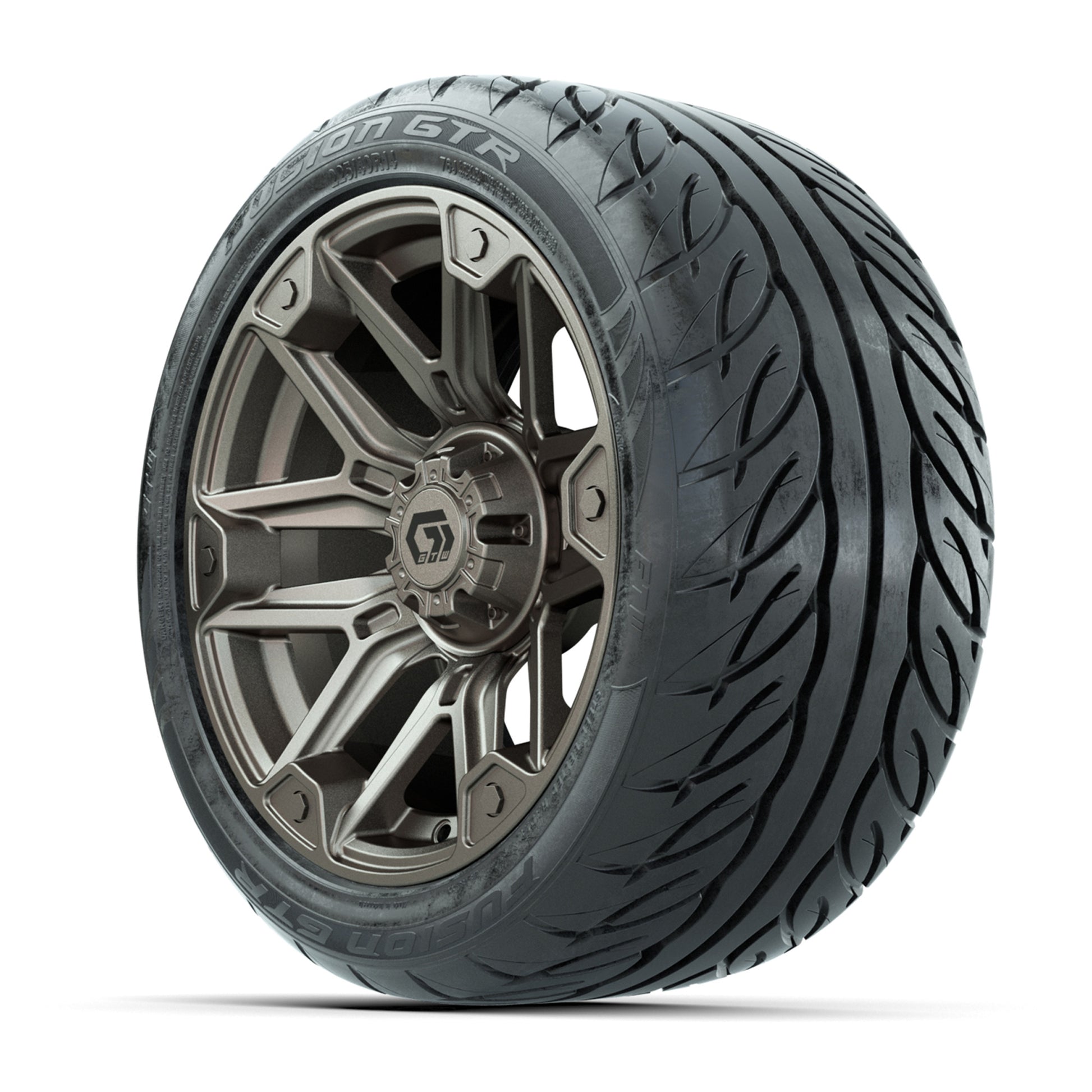 GTW® Graffiti Bronze/Black 14 in Wheels with 225/40-R14 Fusion GTR Steel Belt Radial Street Tires – Full Set